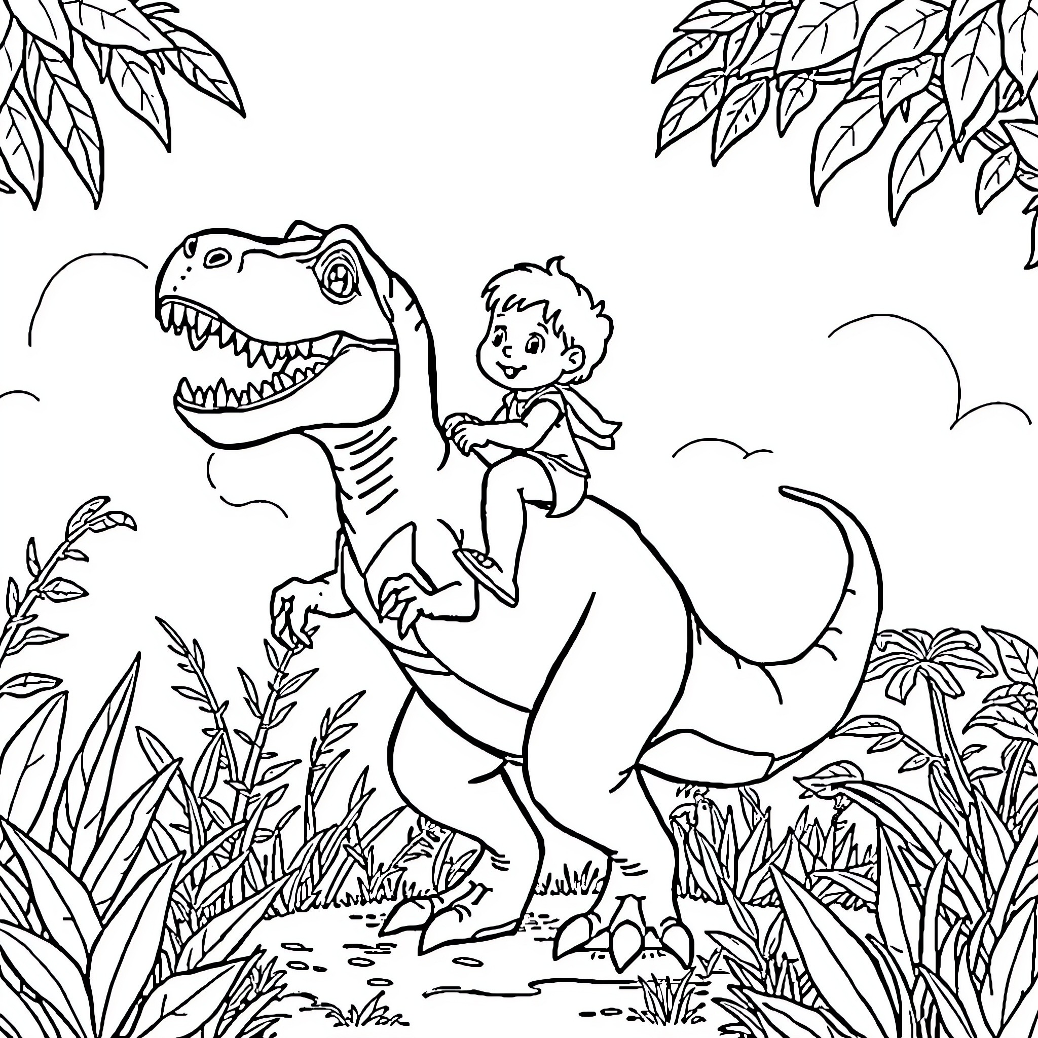 T-Rex playing with child in the jungle Coloring Page (free black-and-white line drawing printable PDF for all, from beginners to advanced learners, including children, teens, adults, and seniors)