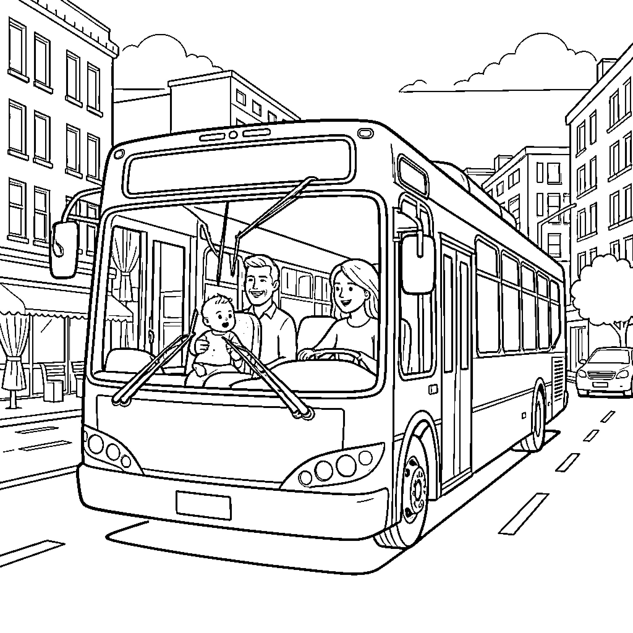 Bus carrying a happy family through city streets Coloring Page (free black-and-white line drawing printable PDF for all, from beginners to advanced learners, including children, teens, adults, and seniors)