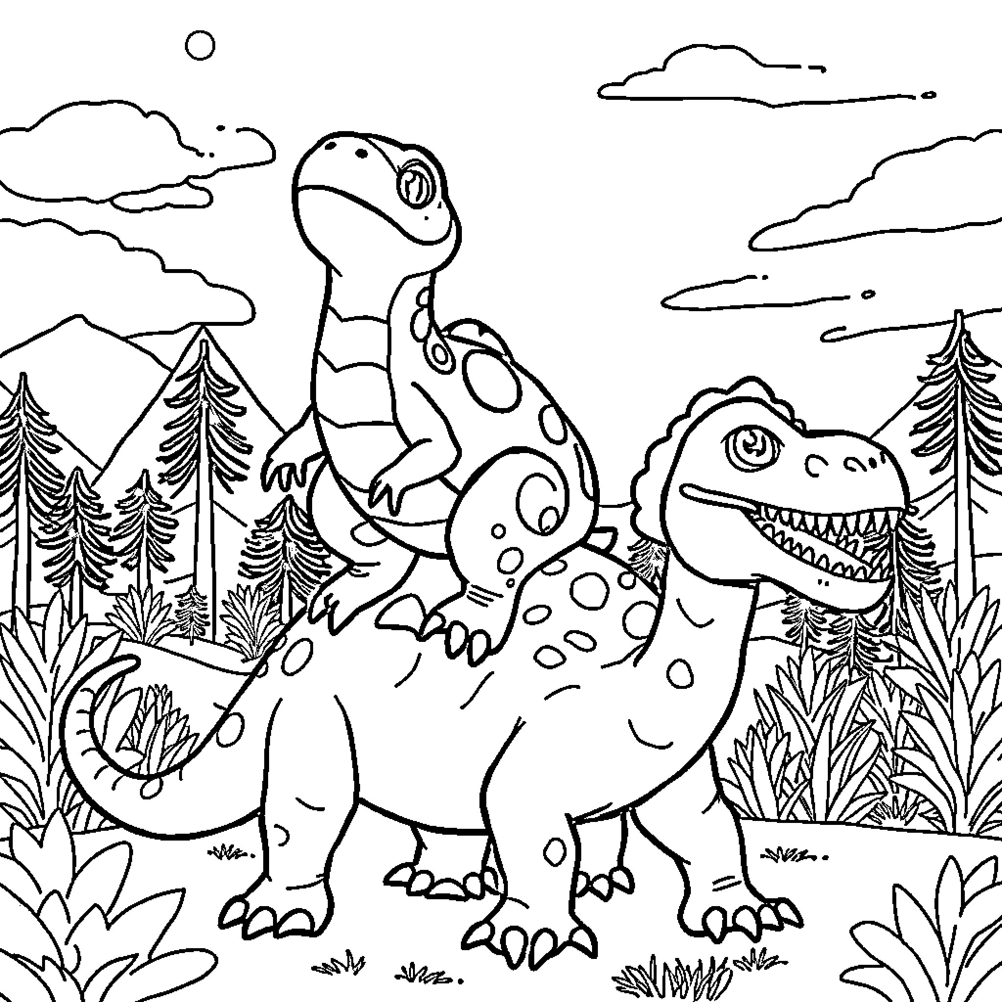Patrol of dinosaurs in the prehistoric landscape Coloring Page (free black-and-white line drawing printable PDF for all, from beginners to advanced learners, including children, teens, adults, and seniors)