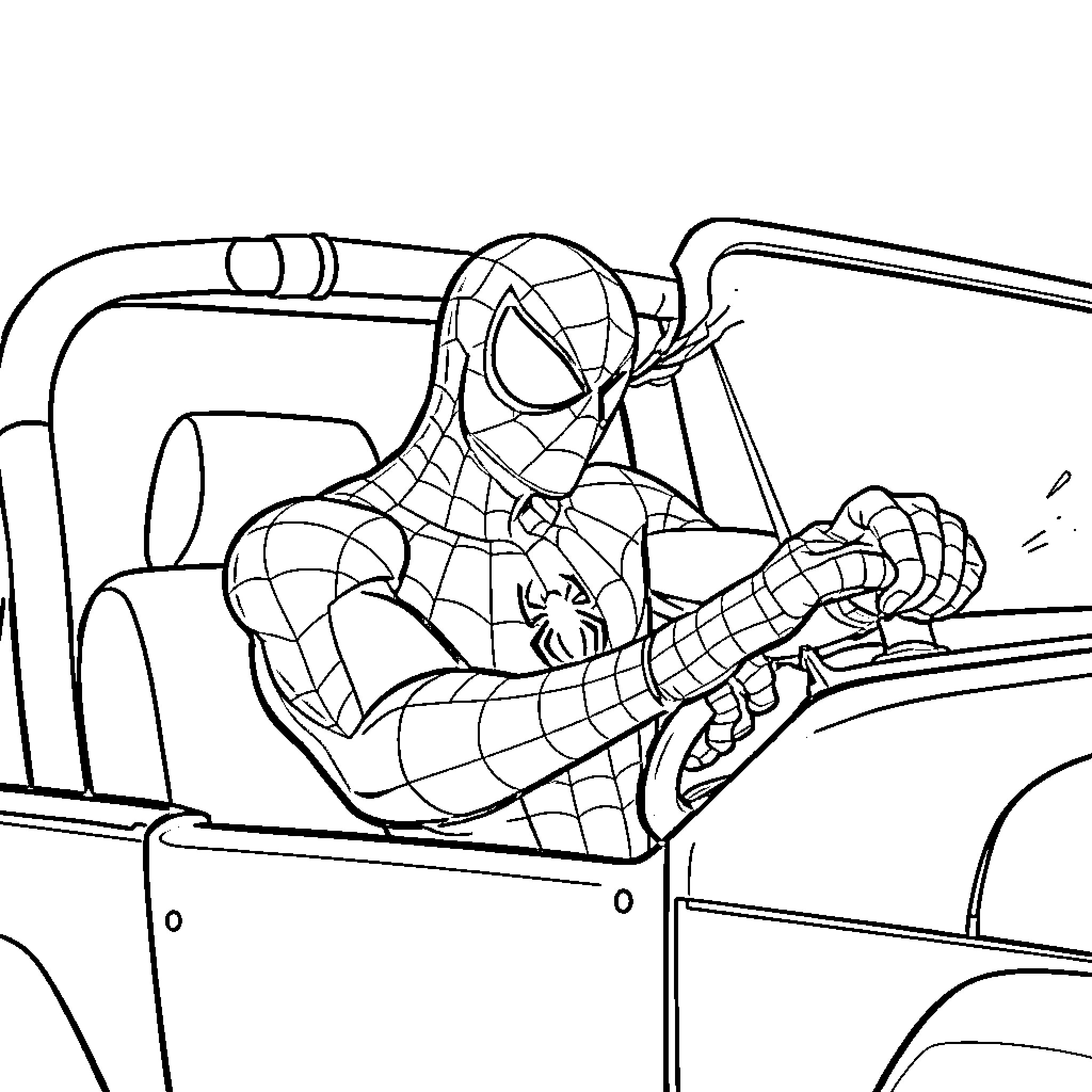 Spiderman swinging through the city in his web-slinging adventure Coloring Page (free black-and-white line drawing printable PDF for all, from beginners to advanced learners, including children, teens, adults, and seniors)