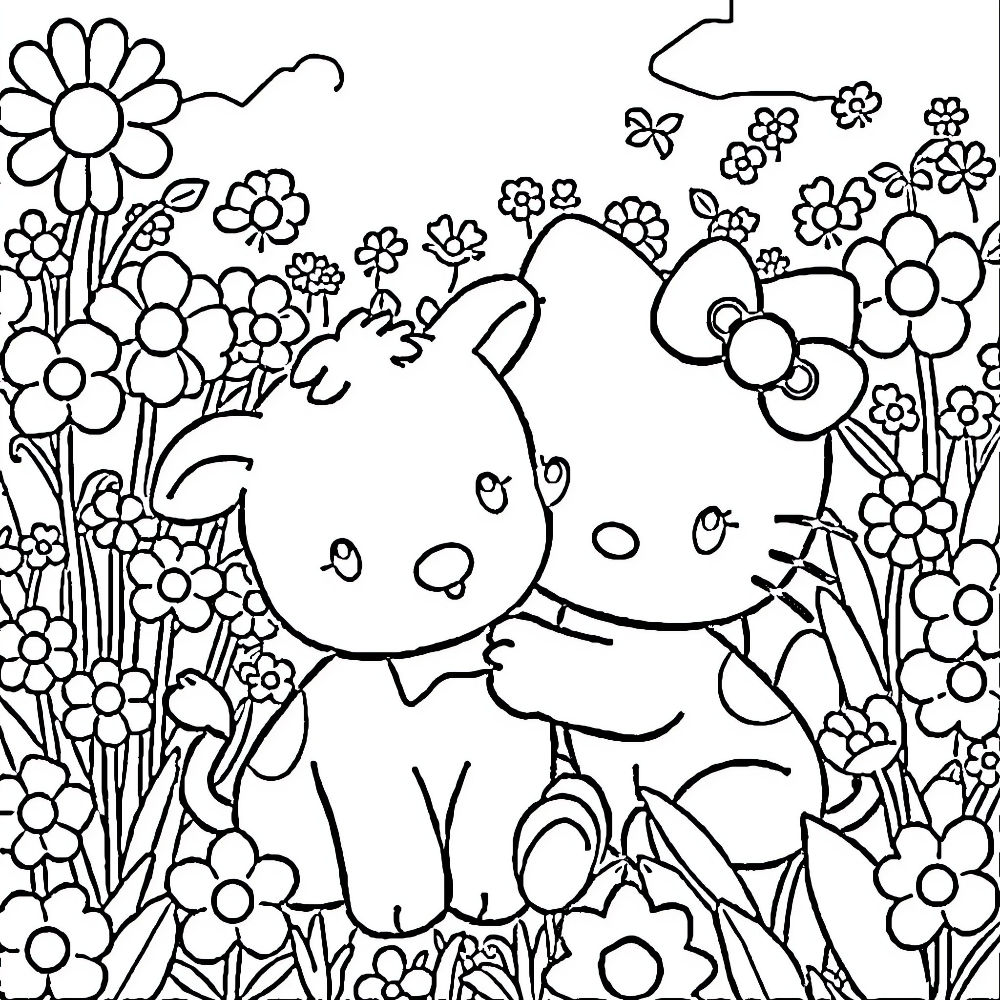 Hello Kitty playing with friends in a floral garden Coloring Page (free black-and-white line drawing printable PDF for all, from beginners to advanced learners, including children, teens, adults, and seniors)