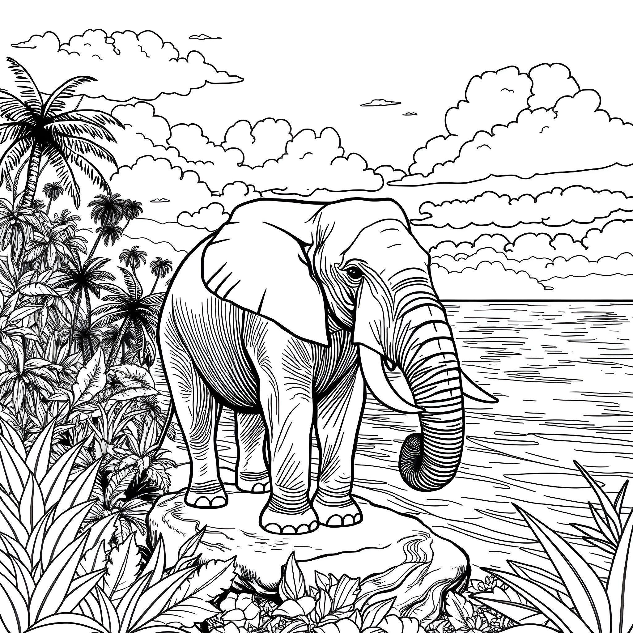Elephant walking through lush tropical landscape Coloring Page (free black-and-white line drawing printable PDF for all, from beginners to advanced learners, including children, teens, adults, and seniors)