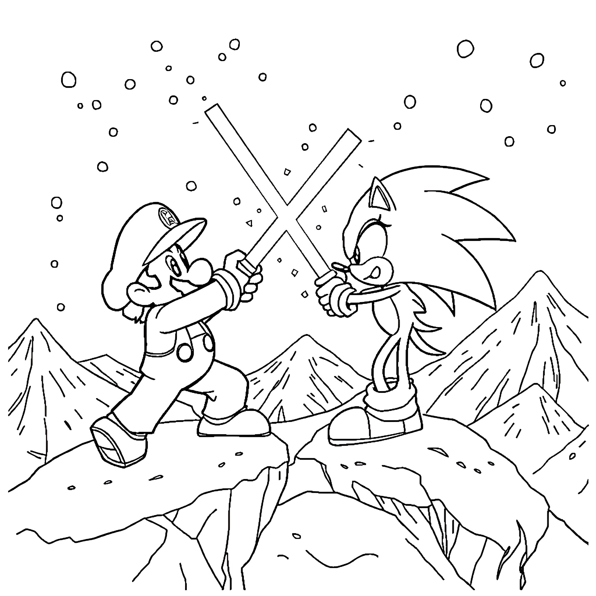 Mario and Sonic engaging in a sword fight in a snowy mountain landscape Coloring Page (free black-and-white line drawing printable PDF for all, from beginners to advanced learners, including children, teens, adults, and seniors)