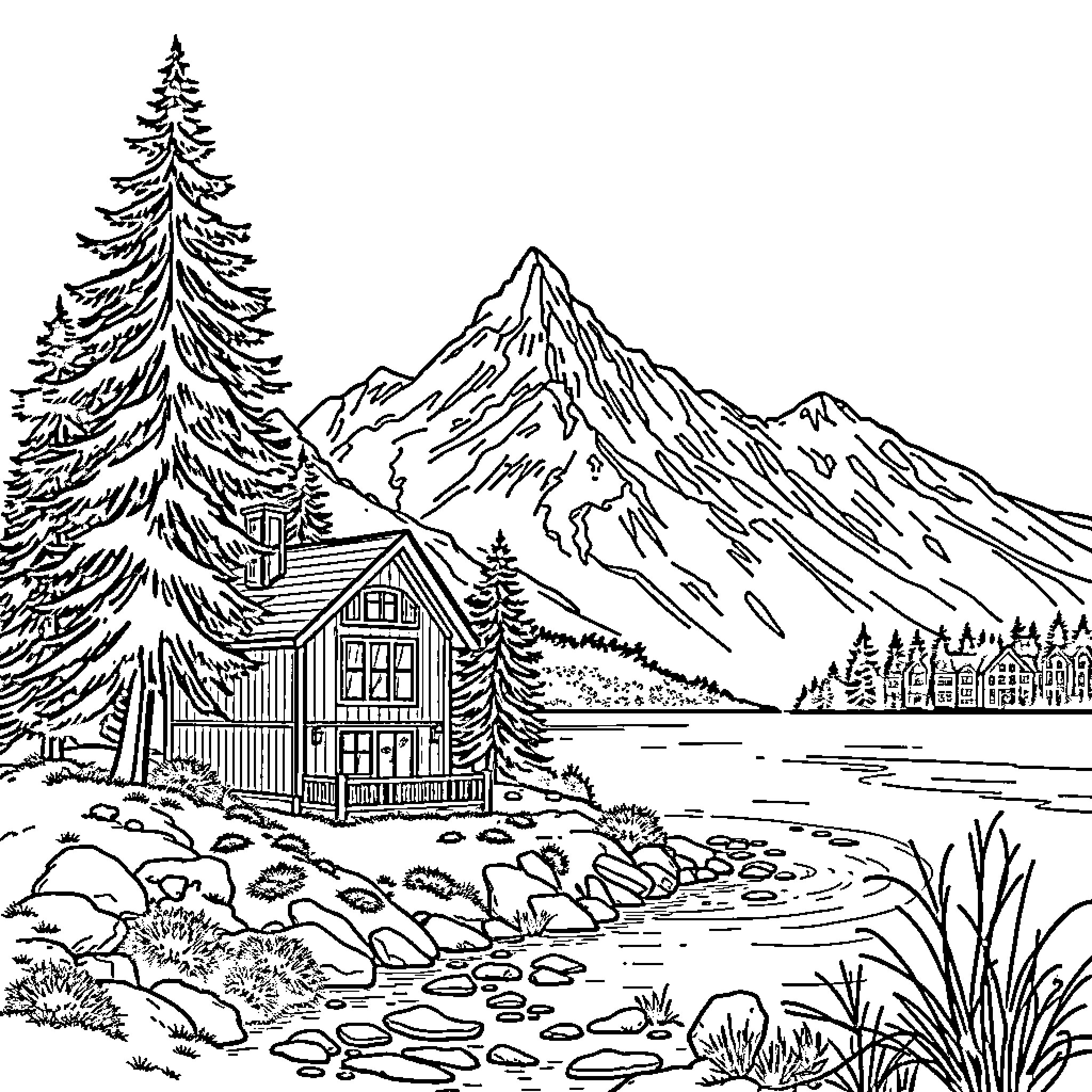 Home in the Snowy Alpine Mountains Coloring Page (free black-and-white line drawing printable PDF for all, from beginners to advanced learners, including children, teens, adults, and seniors)