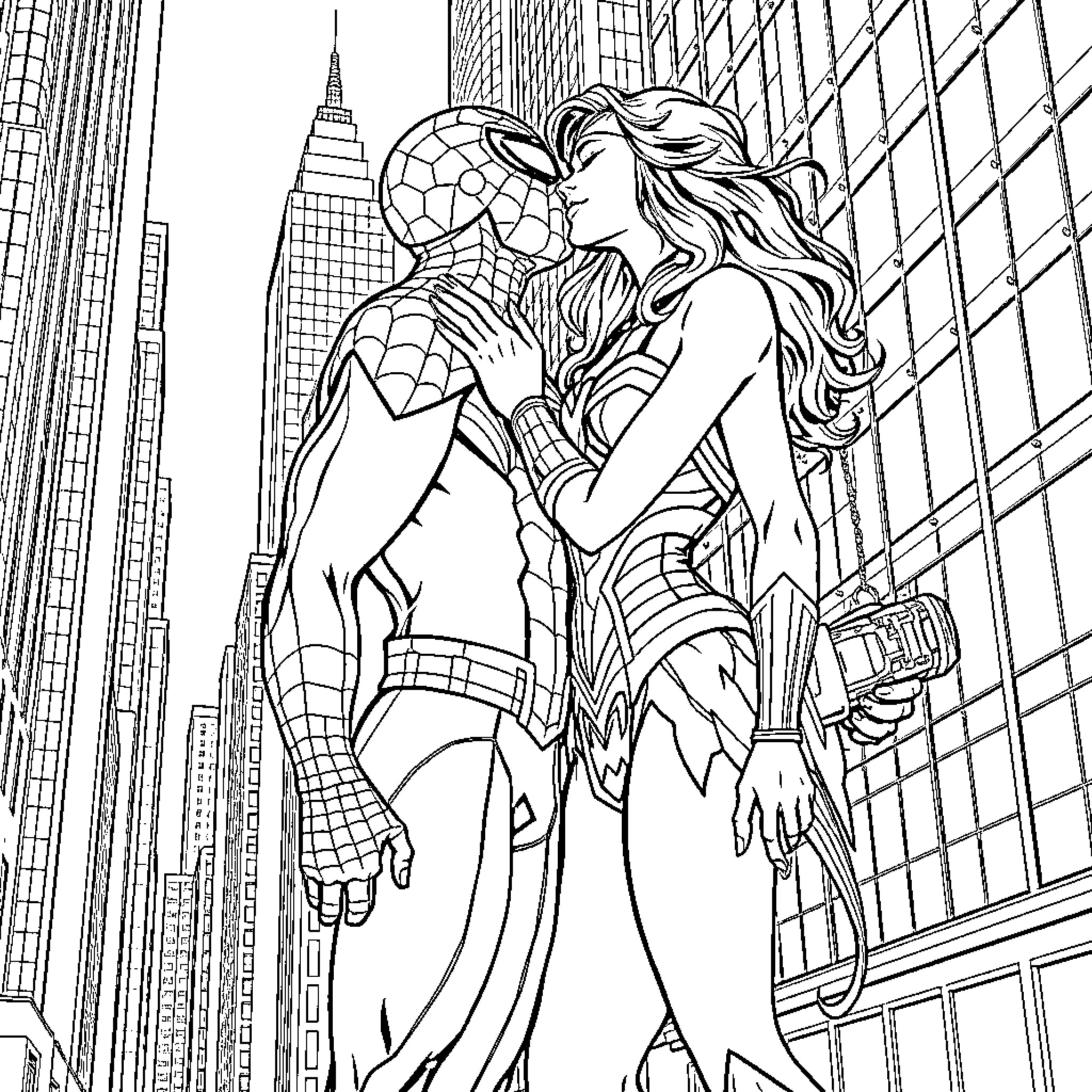 Spider-Man sharing a romantic moment with a woman Coloring Page (free black-and-white line drawing printable PDF for all, from beginners to advanced learners, including children, teens, adults, and seniors)