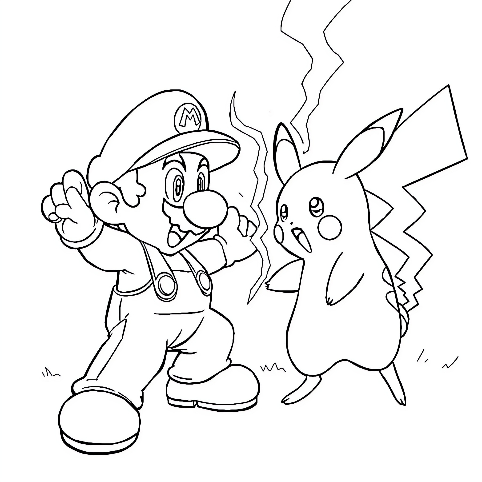 Mario and Pikachu having an animated interaction Coloring Page (free black-and-white line drawing printable PDF for all, from beginners to advanced learners, including children, teens, adults, and seniors)