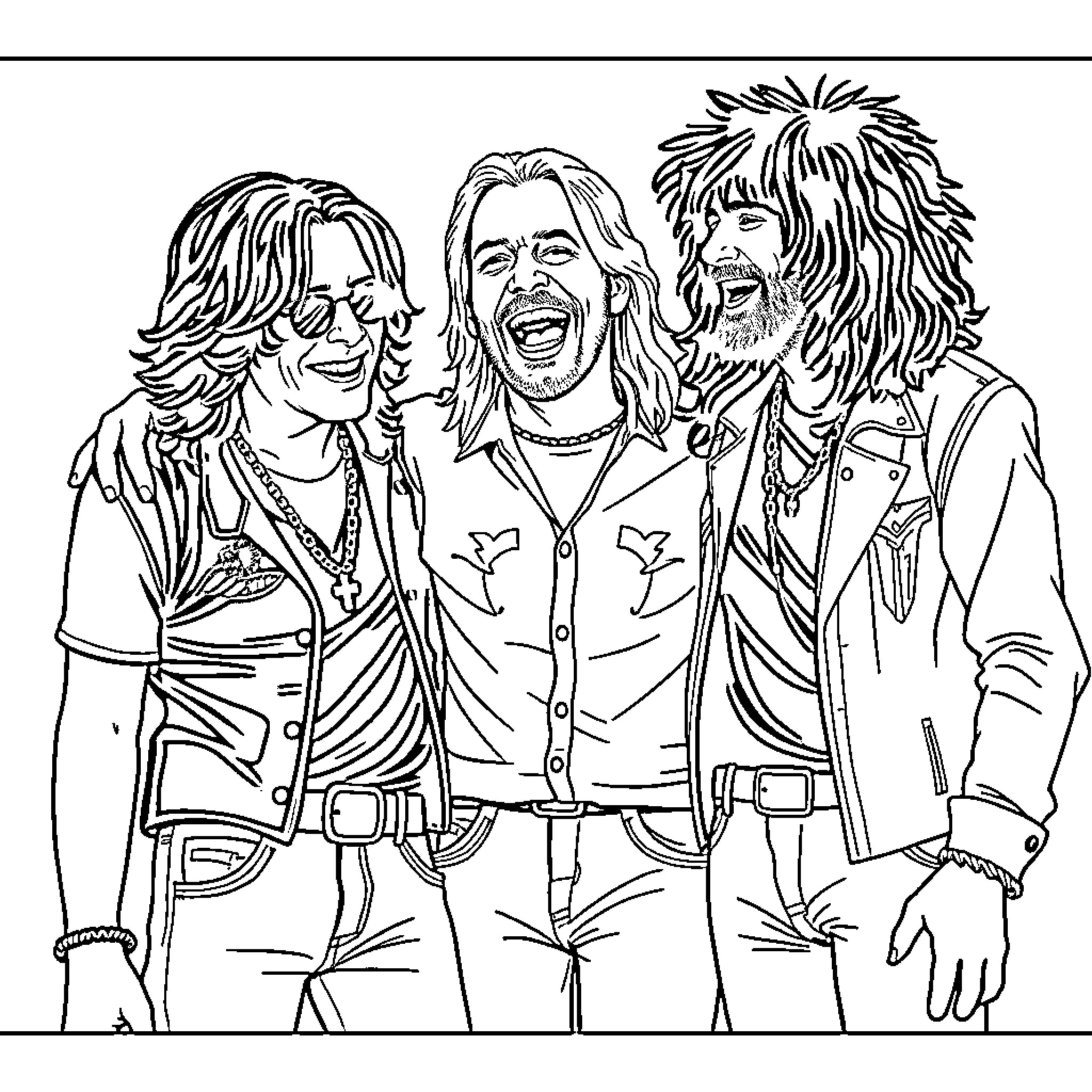 Ozzy and his band mates laugh and smile together Coloring Page (free black-and-white line drawing printable PDF for all, from beginners to advanced learners, including children, teens, adults, and seniors)