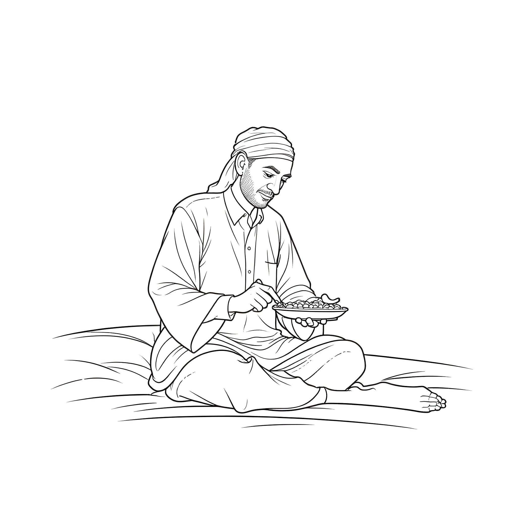 Hunsi Mubarak - Man Meditating with Incense Burner Coloring Page (free black-and-white line drawing printable PDF for all, from beginners to advanced learners, including children, teens, adults, and seniors)