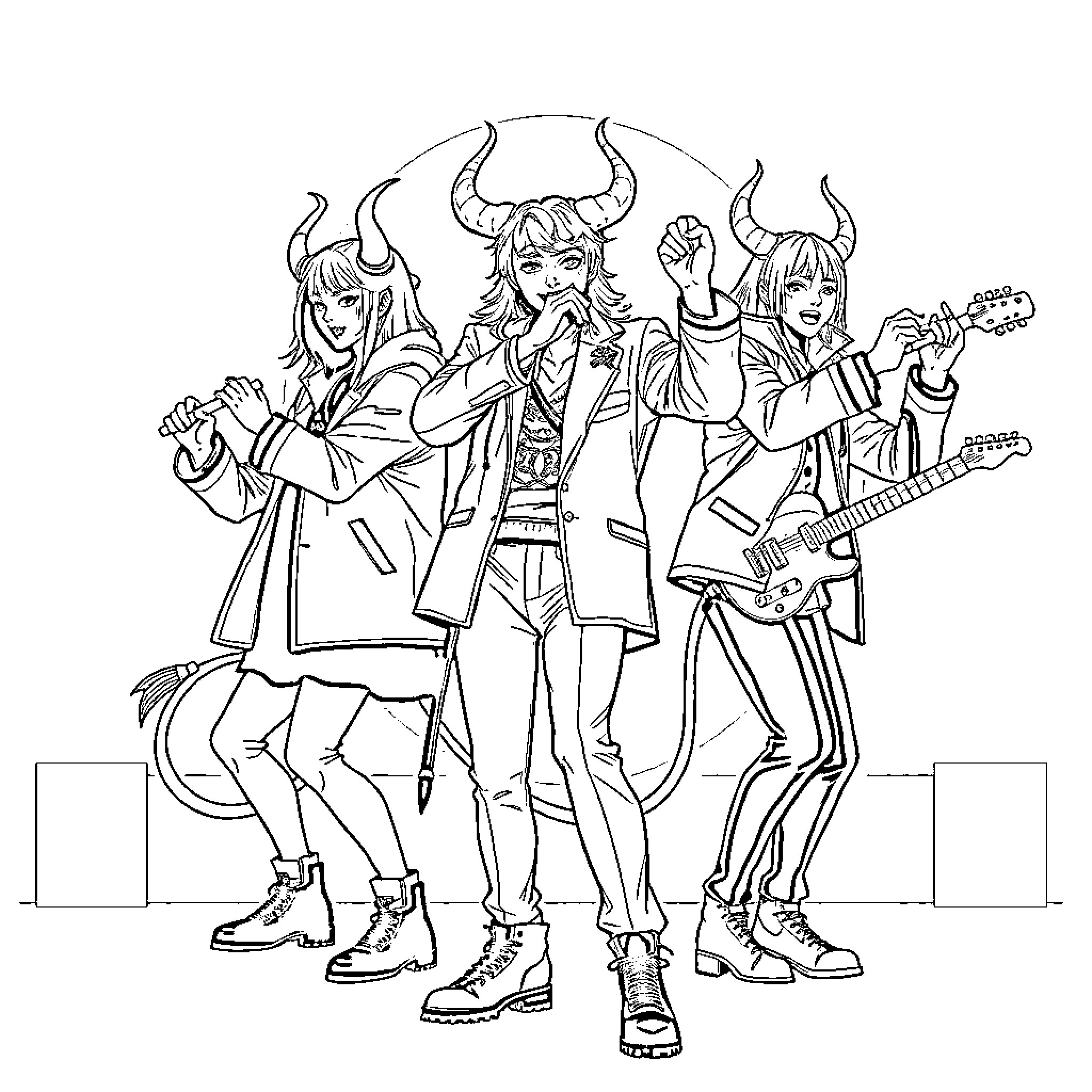 Demon Hunter Band Performing with Energy and Passion Coloring Page (free black-and-white line drawing printable PDF for all, from beginners to advanced learners, including children, teens, adults, and seniors)