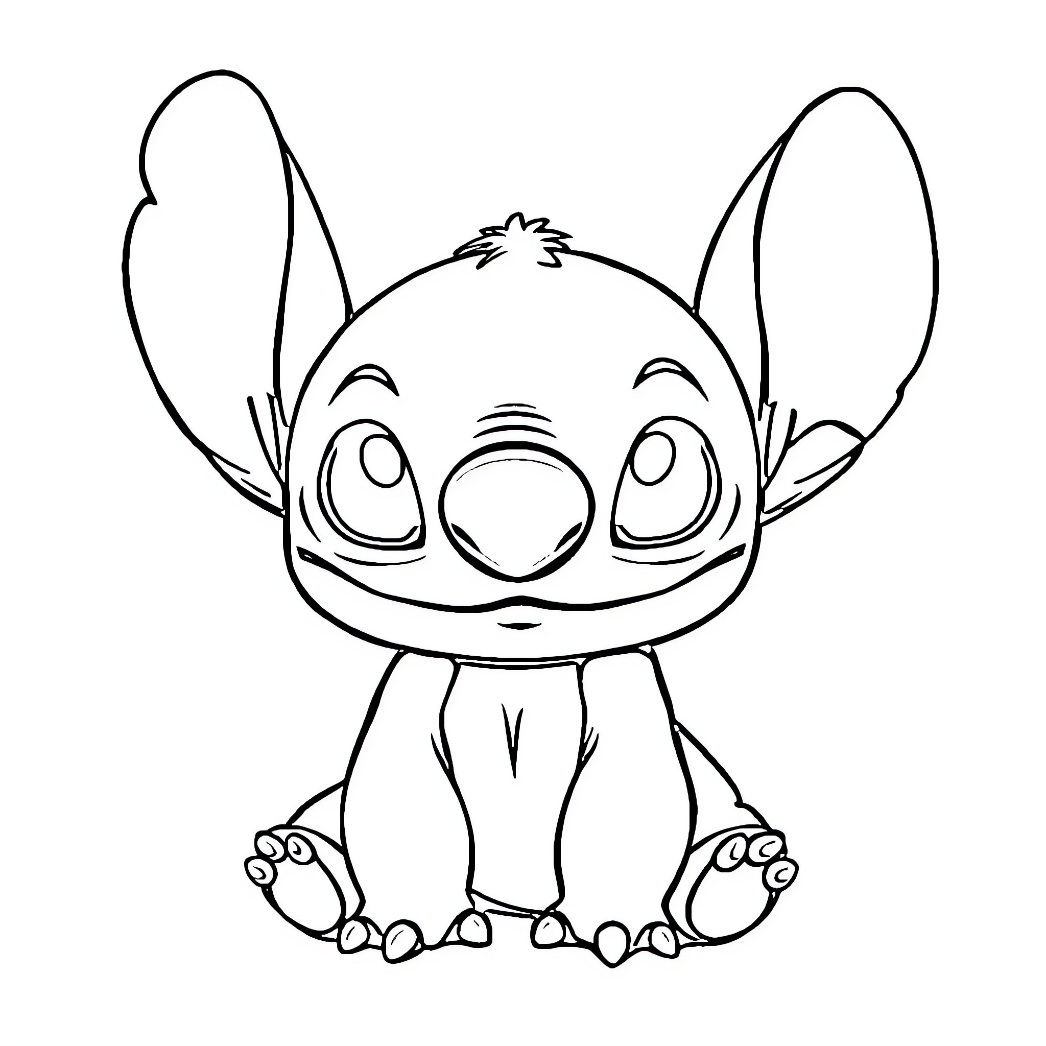 Stitch sitting and looking curious Coloring Page (free black-and-white line drawing printable PDF for all, from beginners to advanced learners, including children, teens, adults, and seniors)