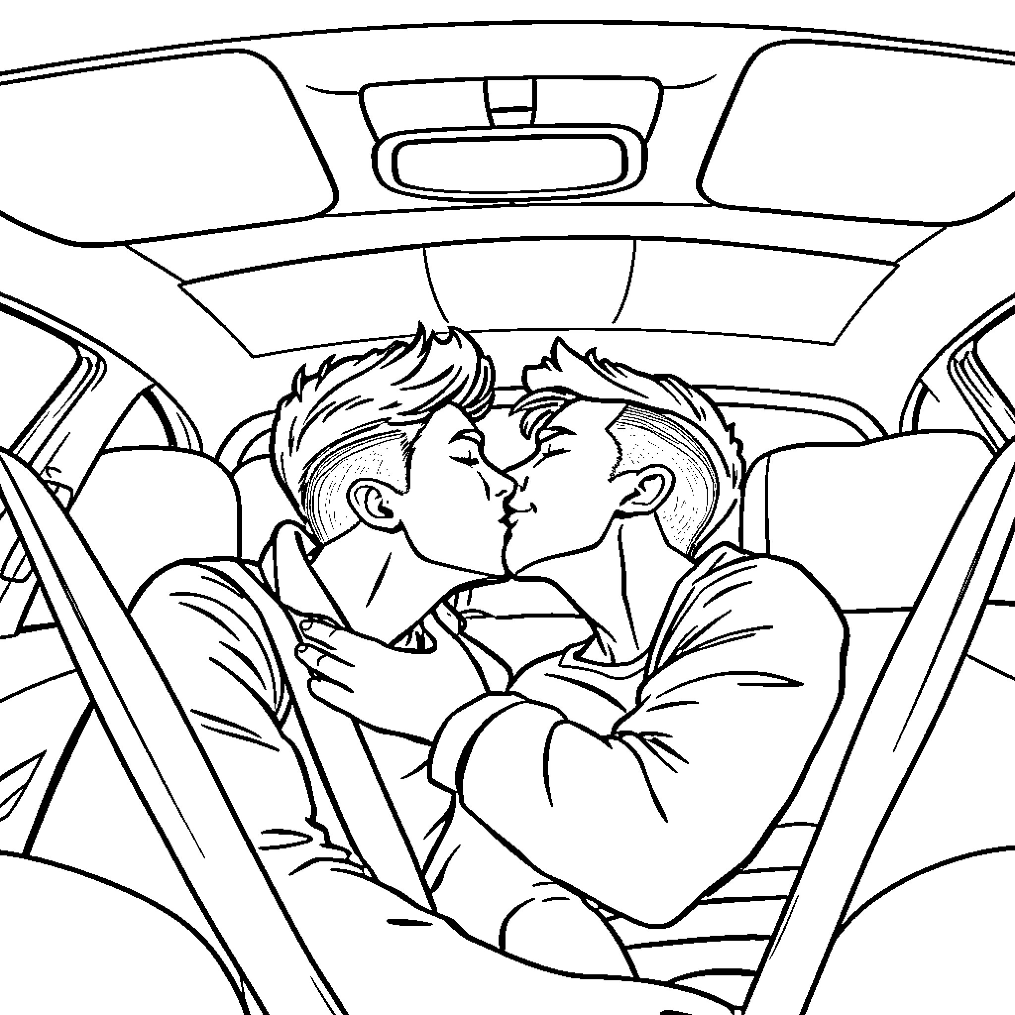 Couple sharing an intimate moment in the car Coloring Page (free black-and-white line drawing printable PDF for all, from beginners to advanced learners, including children, teens, adults, and seniors)