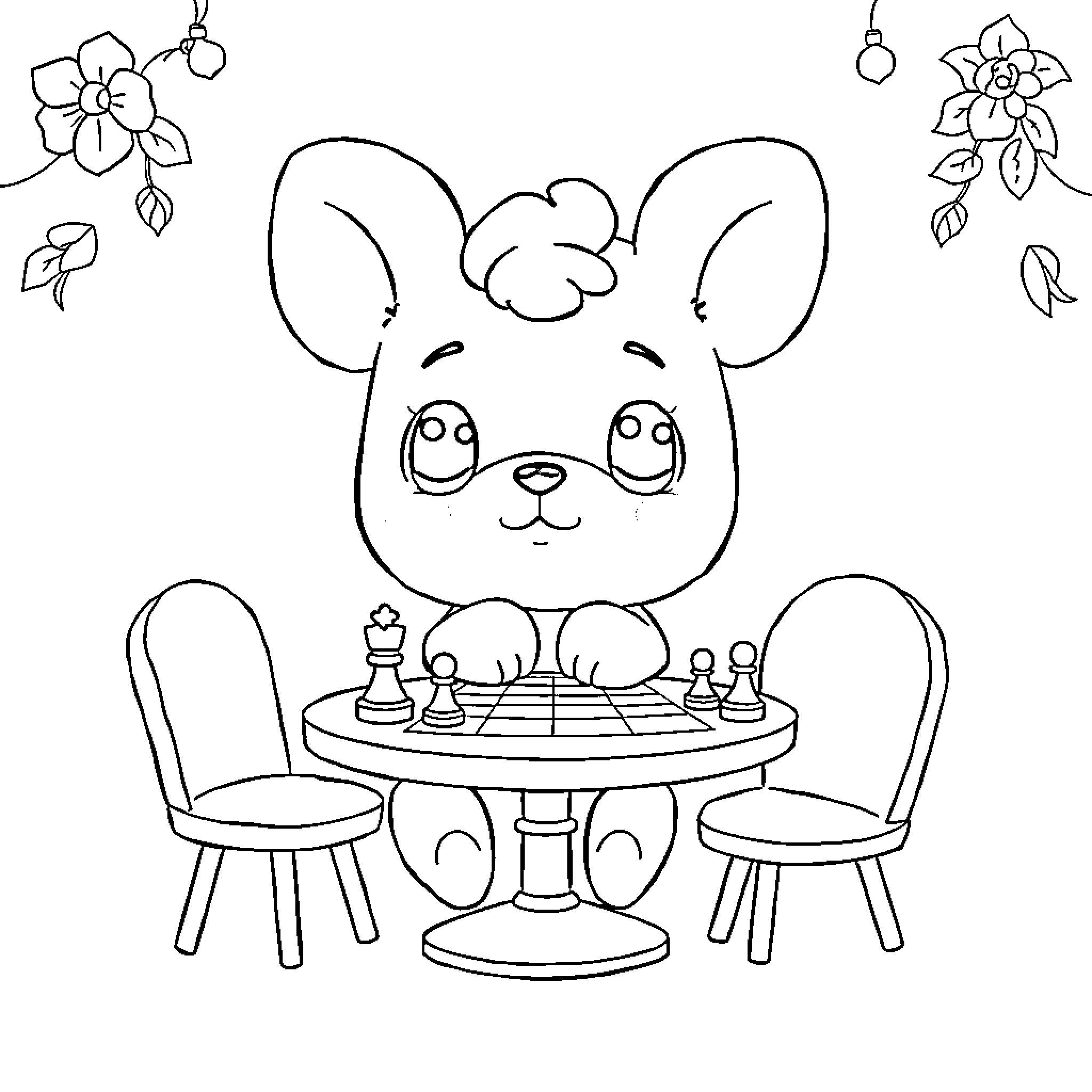 Cinnamoroll playing chess with friends Coloring Page (free black-and-white line drawing printable PDF for all, from beginners to advanced learners, including children, teens, adults, and seniors)