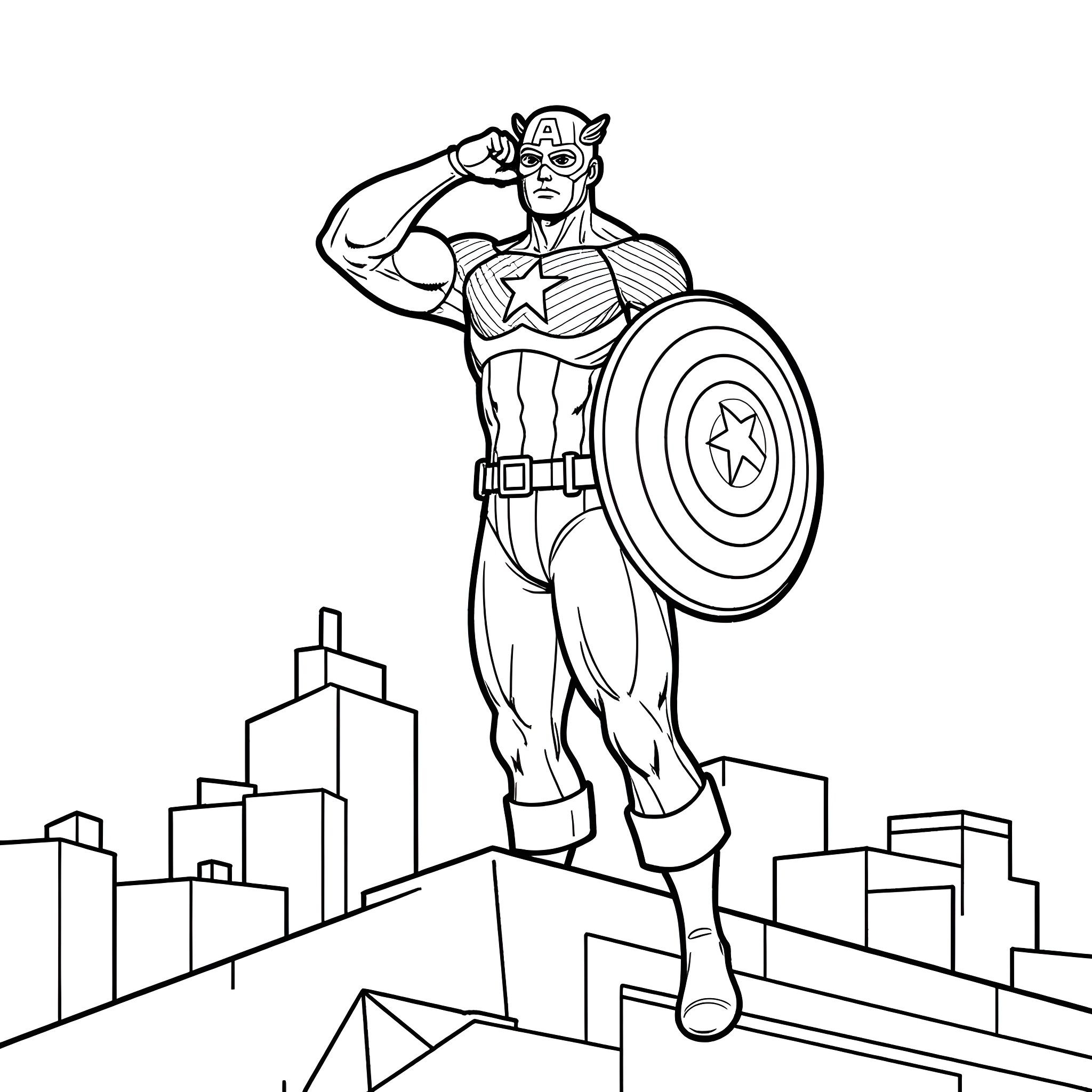 Captain America Heroically Stands Guard Over the City Coloring Page (free black-and-white line drawing printable PDF for all, from beginners to advanced learners, including children, teens, adults, and seniors)