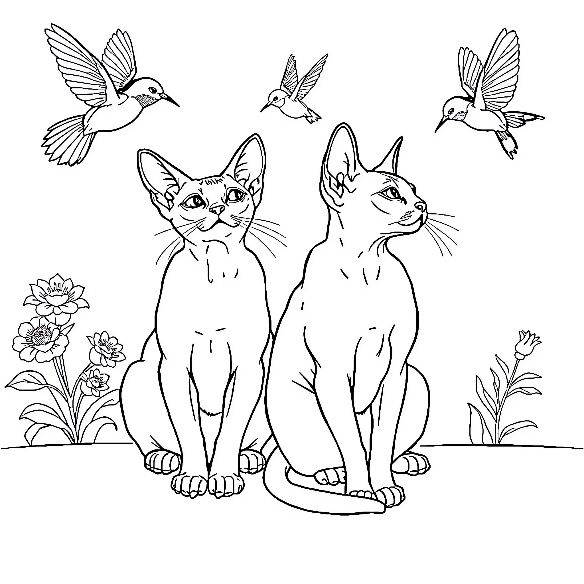 Sphinx Cats admiring hummingbirds in a floral garden Coloring Page (free black-and-white line drawing printable PDF for all, from beginners to advanced learners, including children, teens, adults, and seniors)