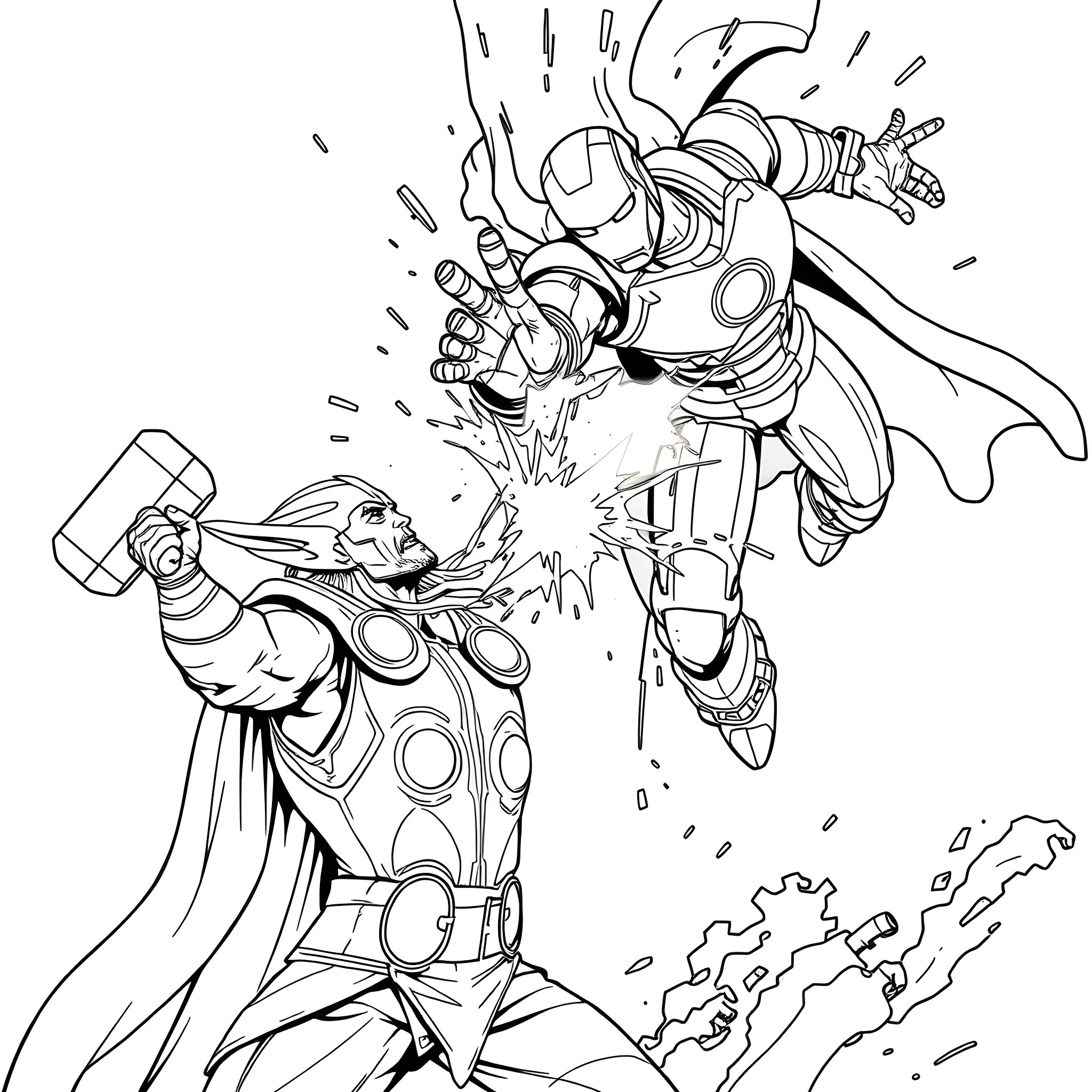 Thor's Mighty Clash with Foes in Epic Battle Coloring Page (free black-and-white line drawing printable PDF for all, from beginners to advanced learners, including children, teens, adults, and seniors)