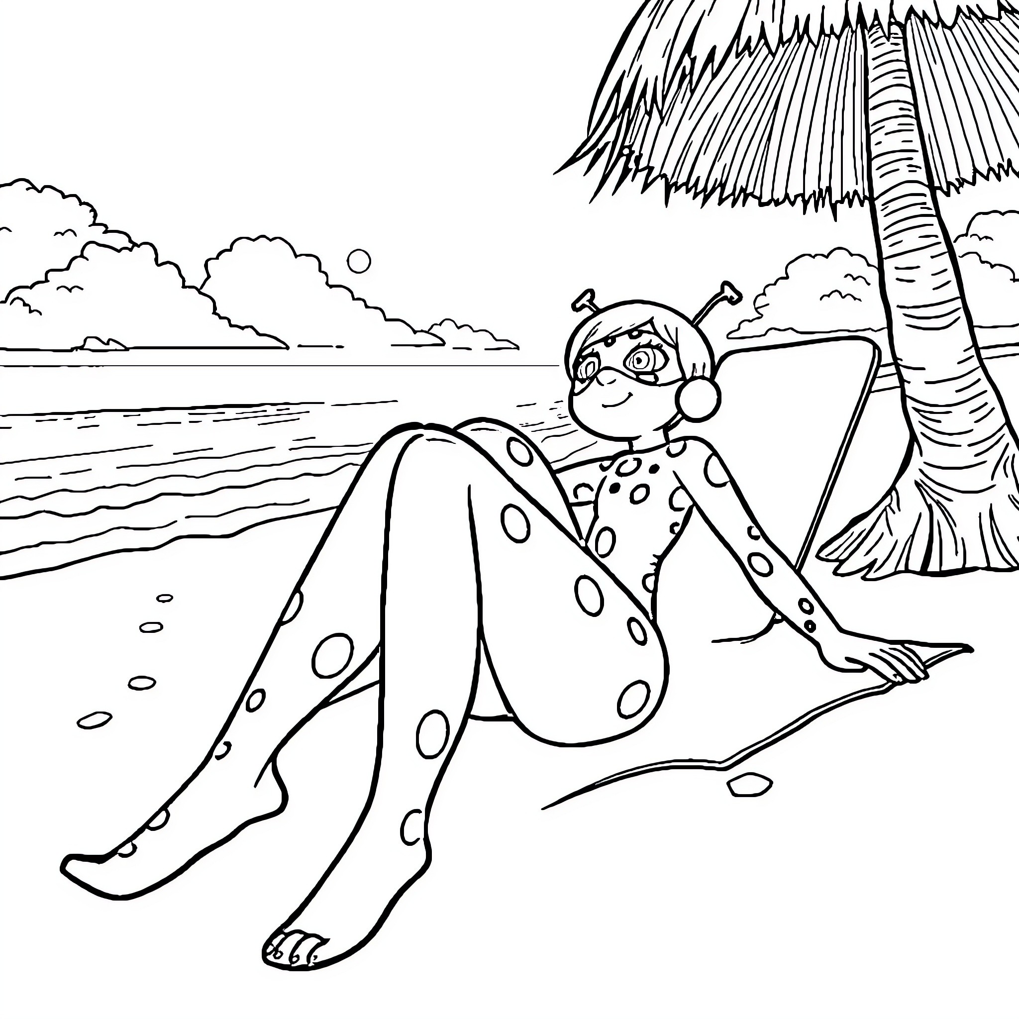 Ladybug relaxing on the beach Coloring Page (free black-and-white line drawing printable PDF for all, from beginners to advanced learners, including children, teens, adults, and seniors)