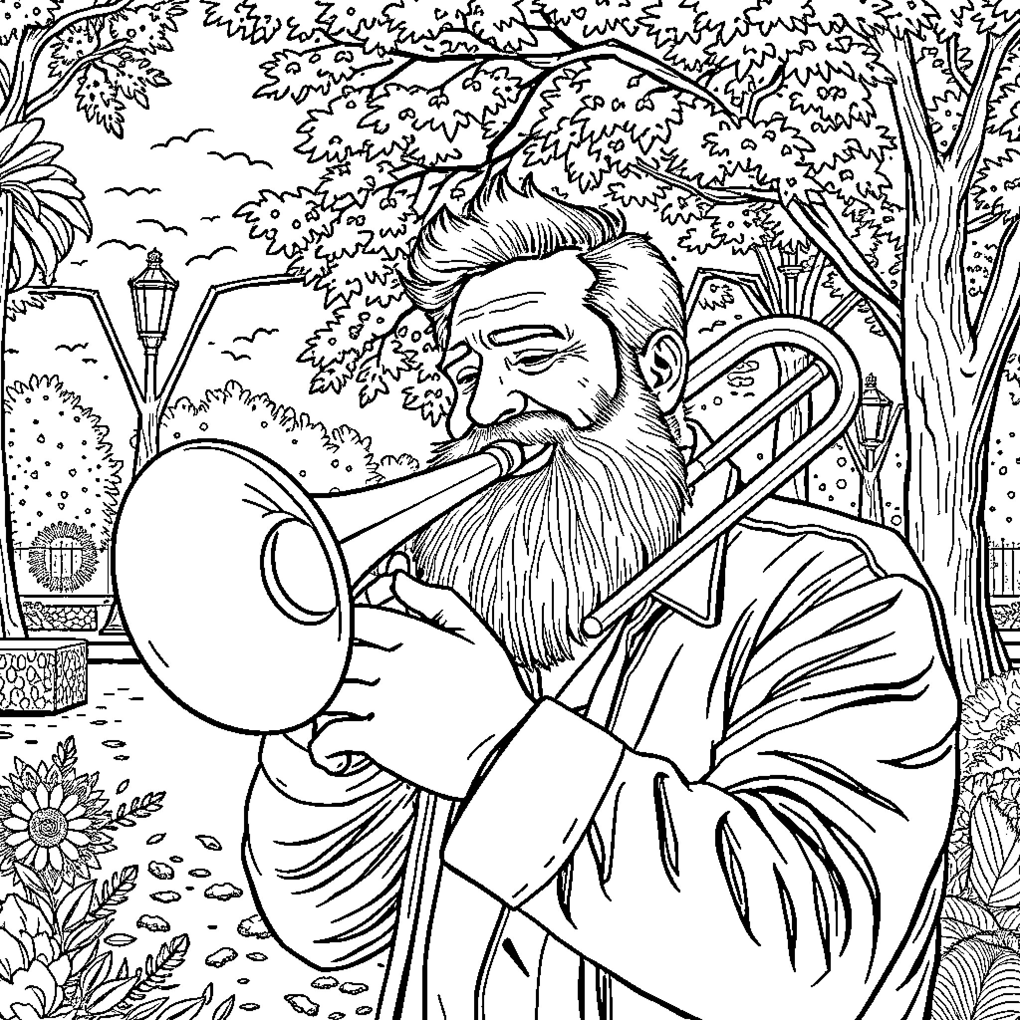 Man playing trumpet in a nature setting Coloring Page (free black-and-white line drawing printable PDF for all, from beginners to advanced learners, including children, teens, adults, and seniors)