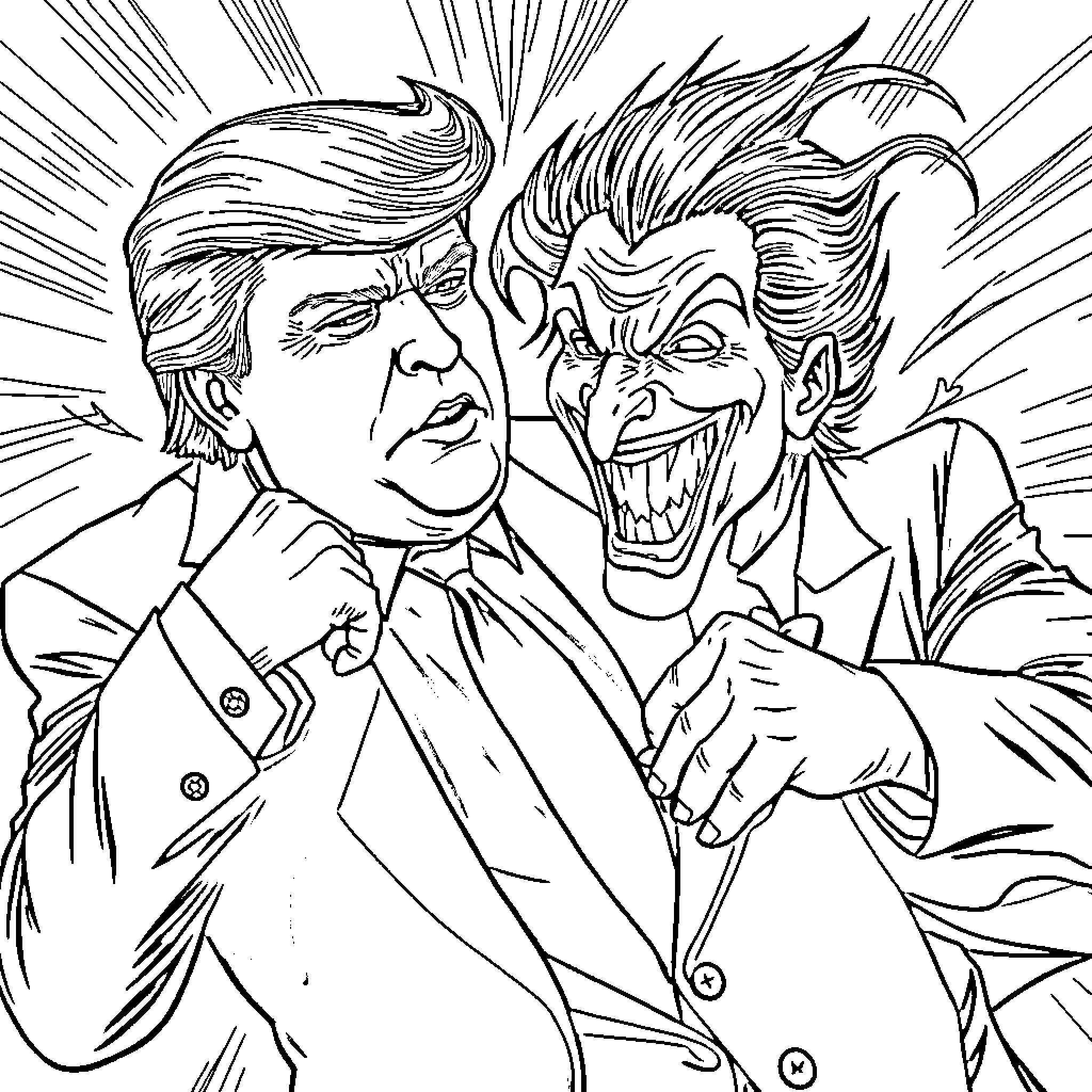 Donald Trump Confronts Manic Joker Caricature Coloring Page (free black-and-white line drawing printable PDF for all, from beginners to advanced learners, including children, teens, adults, and seniors)