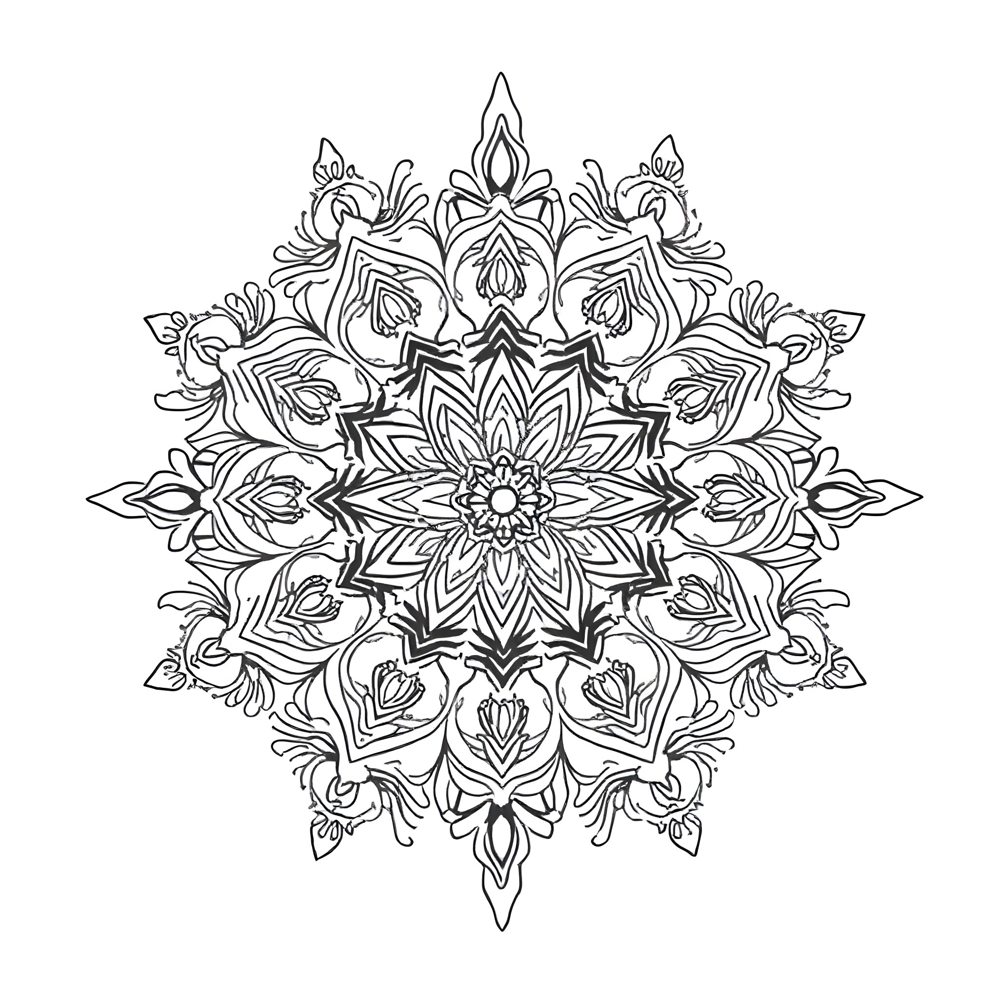 Mandala with intricate floral patterns Coloring Page (free black-and-white line drawing printable PDF for all, from beginners to advanced learners, including children, teens, adults, and seniors)