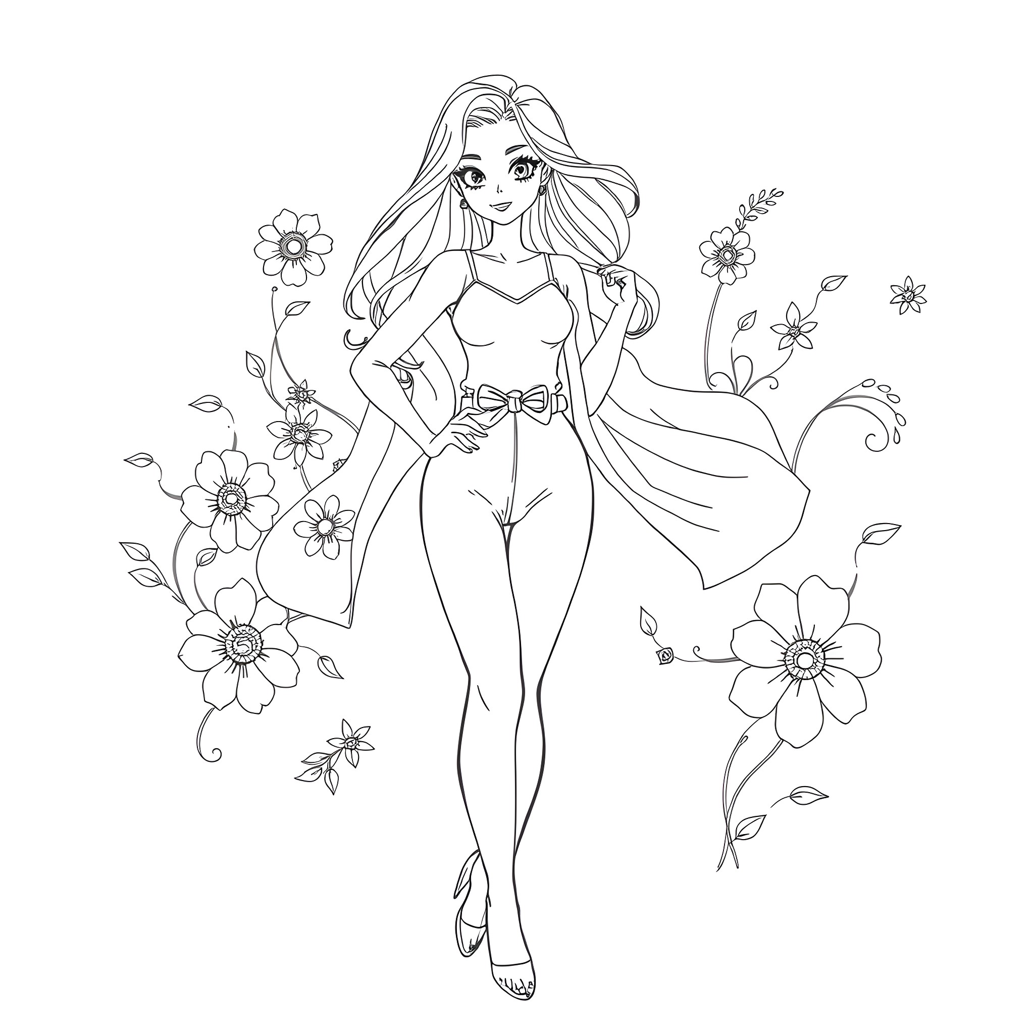 Girl in Floral Dress Posing with Flowers Coloring Page (free black-and-white line drawing printable PDF for all, from beginners to advanced learners, including children, teens, adults, and seniors)