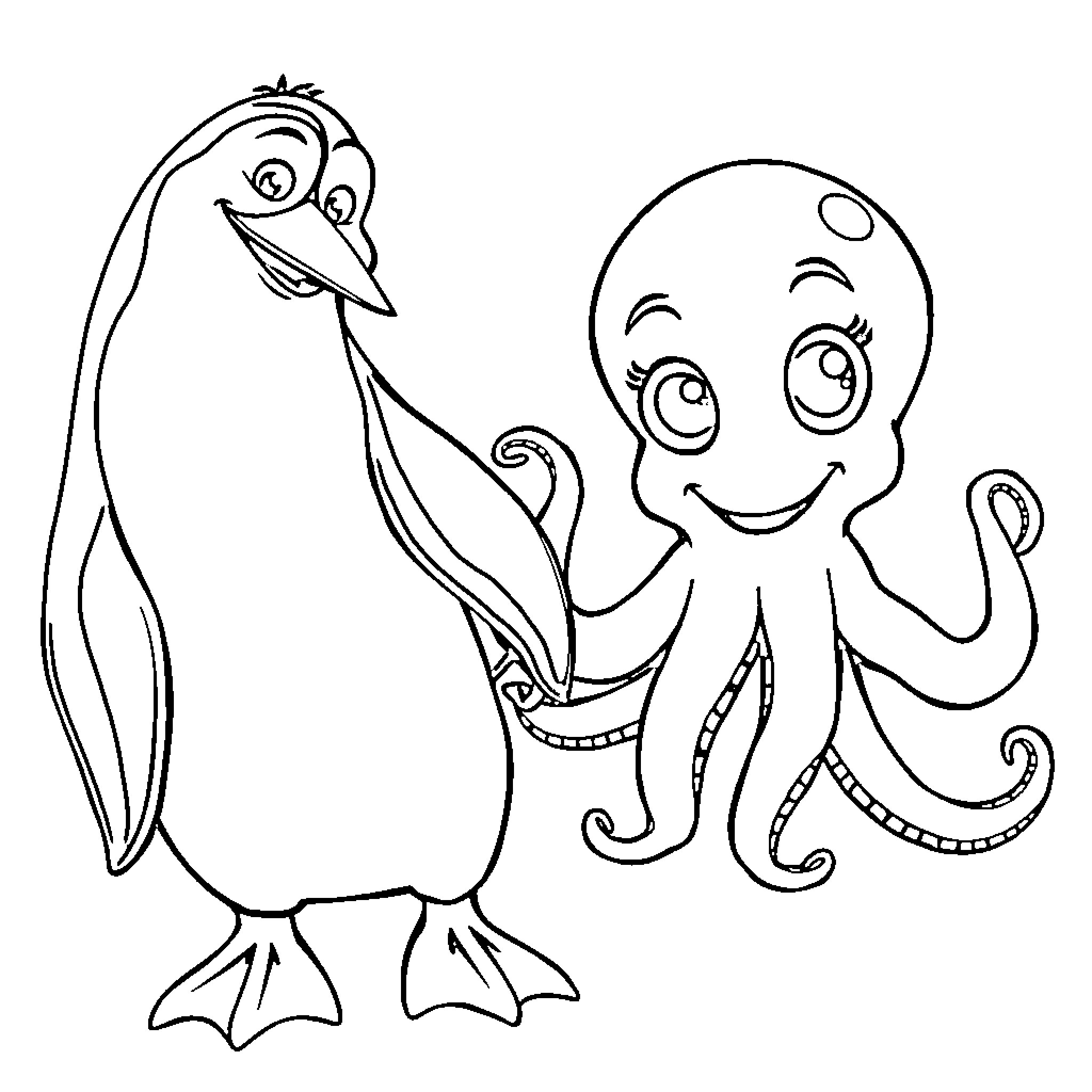 Penguin and Octopus Interacting Playfully Coloring Page (free black-and-white line drawing printable PDF for all, from beginners to advanced learners, including children, teens, adults, and seniors)