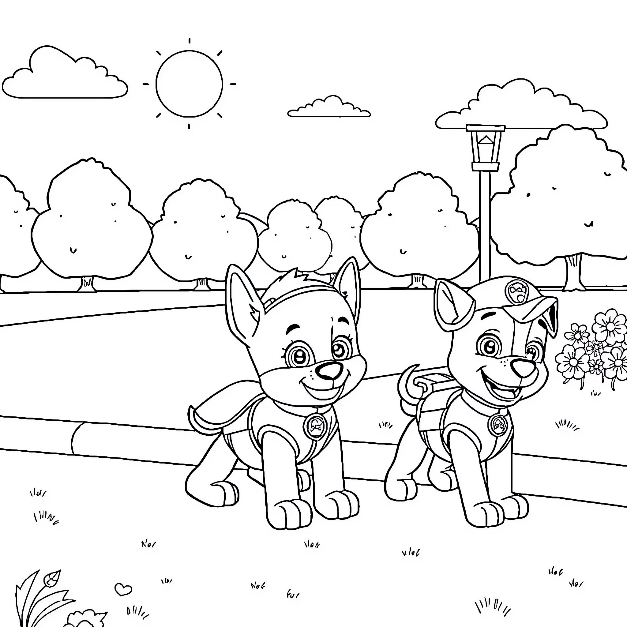 Paw Patrol pups explore the outdoors Coloring Page (free black-and-white line drawing printable PDF for all, from beginners to advanced learners, including children, teens, adults, and seniors)
