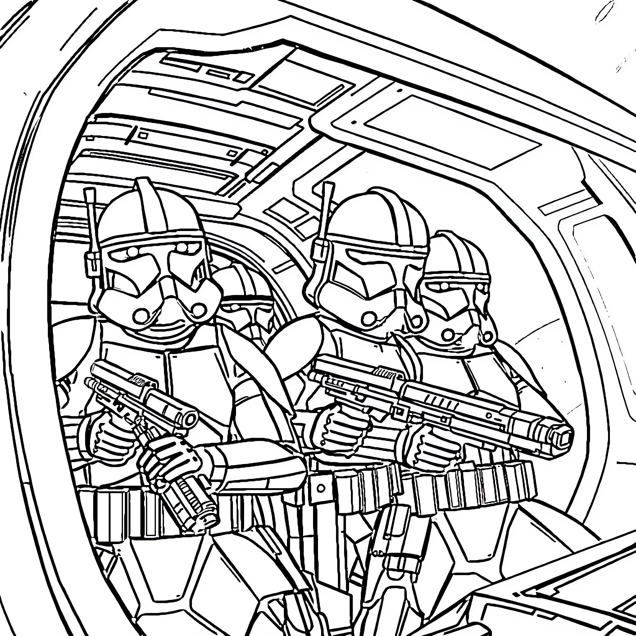 Gunship troopers in combat formation Coloring Page (free black-and-white line drawing printable PDF for all, from beginners to advanced learners, including children, teens, adults, and seniors)