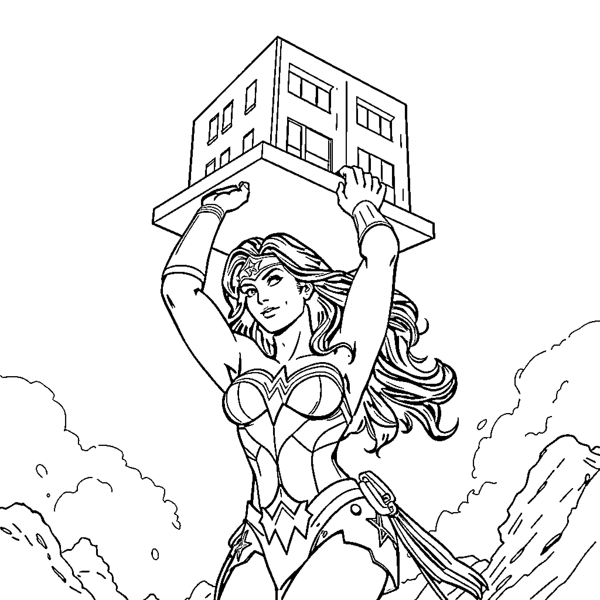 Wonder Woman lifting a building in heroic pose Coloring Page (free black-and-white line drawing printable PDF for all, from beginners to advanced learners, including children, teens, adults, and seniors)