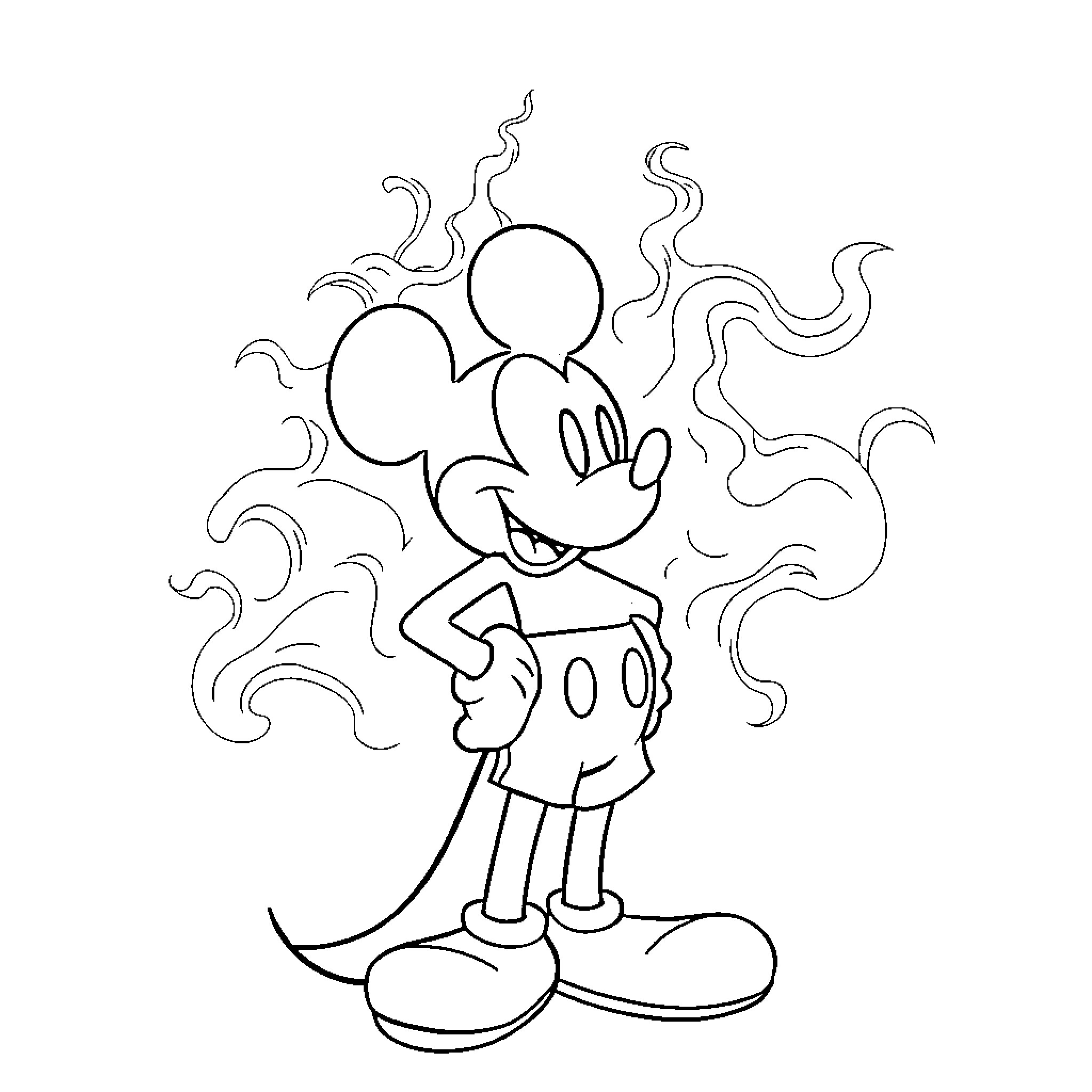 Mickey Mouse's Magical Encounter Coloring Page (free black-and-white line drawing printable PDF for all, from beginners to advanced learners, including children, teens, adults, and seniors)