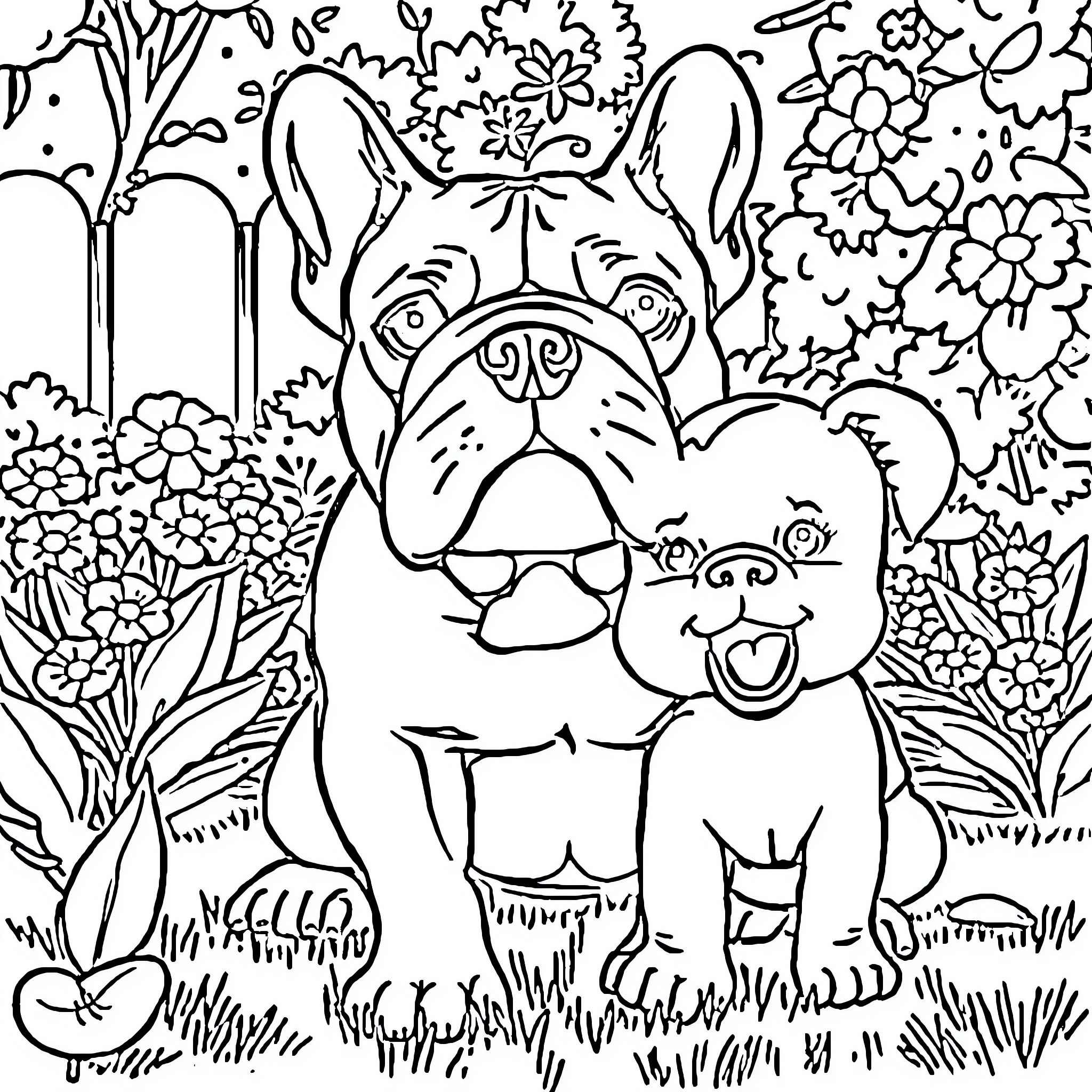 Bulldog and puppy playing in a floral garden Coloring Page (free black-and-white line drawing printable PDF for all, from beginners to advanced learners, including children, teens, adults, and seniors)