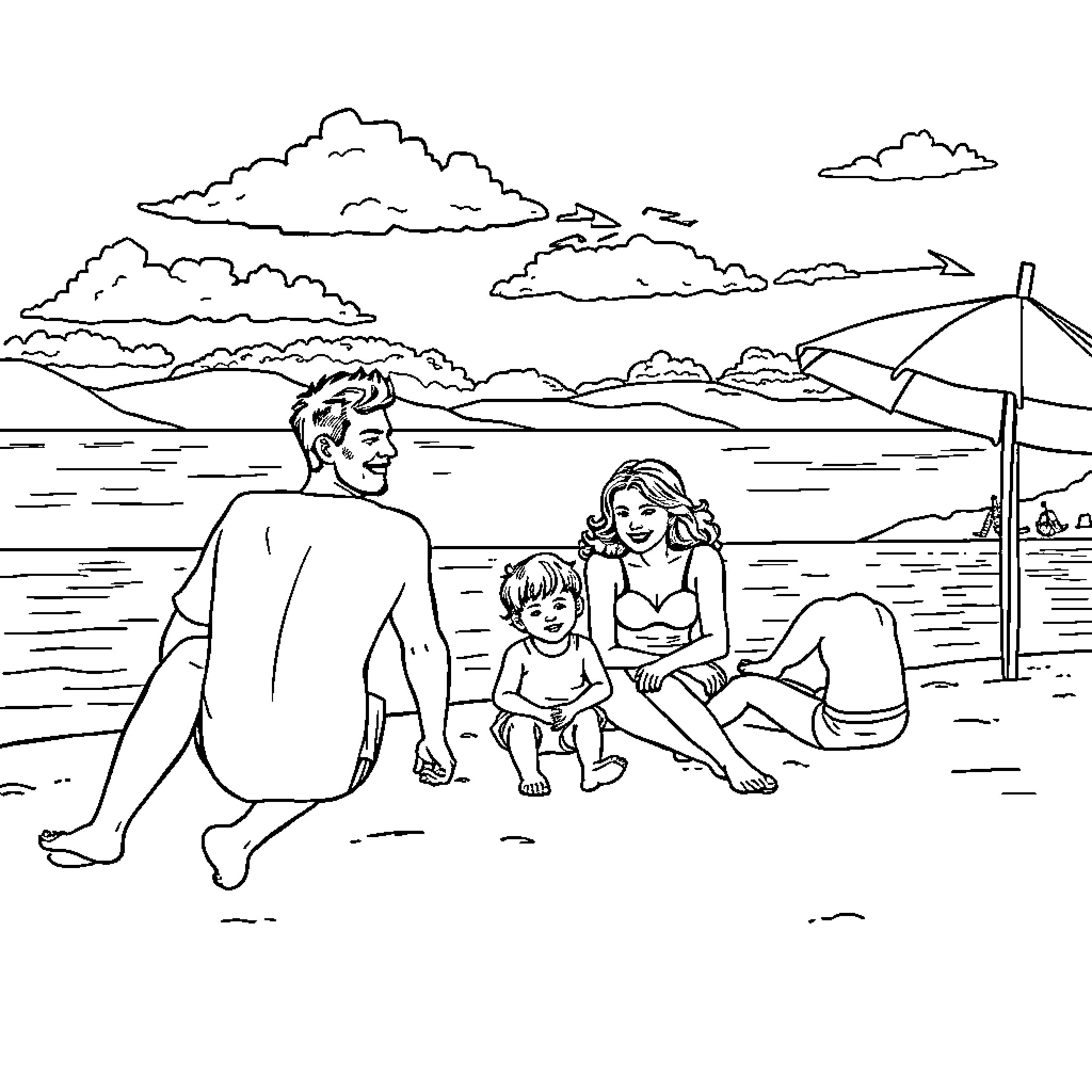 Family enjoying a day at the beach Coloring Page (free black-and-white line drawing printable PDF for all, from beginners to advanced learners, including children, teens, adults, and seniors)