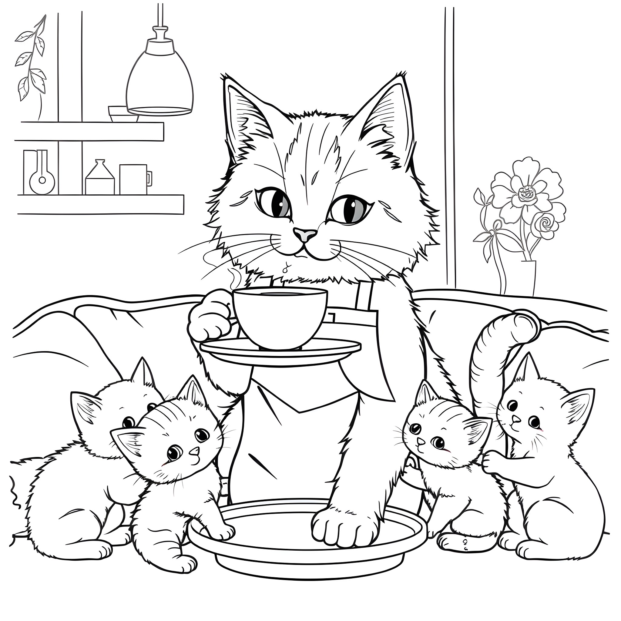 Cat family enjoying a cozy meal together Coloring Page (free black-and-white line drawing printable PDF for all, from beginners to advanced learners, including children, teens, adults, and seniors)