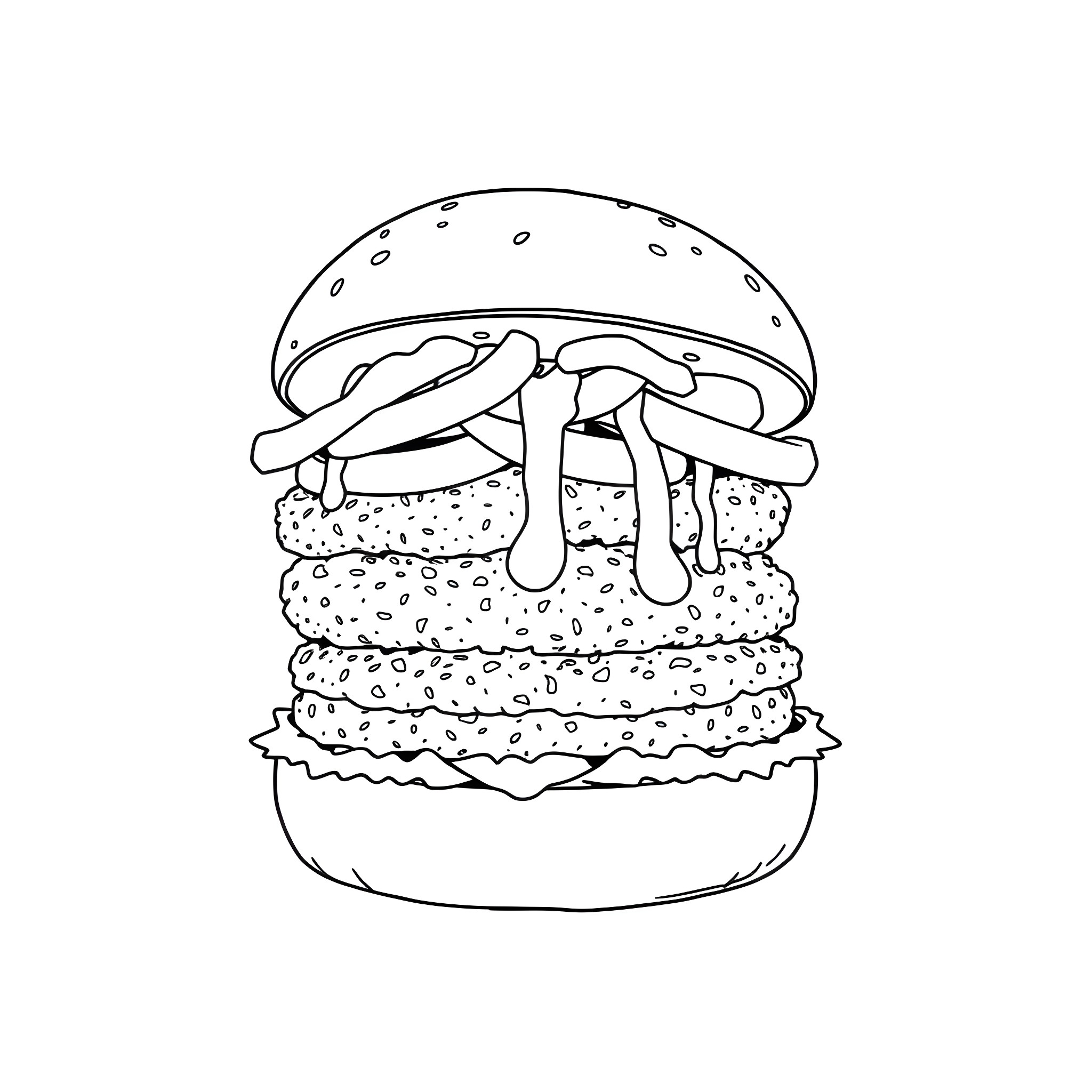 Burger with Delicious Toppings Coloring Page (free black-and-white line drawing printable PDF for all, from beginners to advanced learners, including children, teens, adults, and seniors)