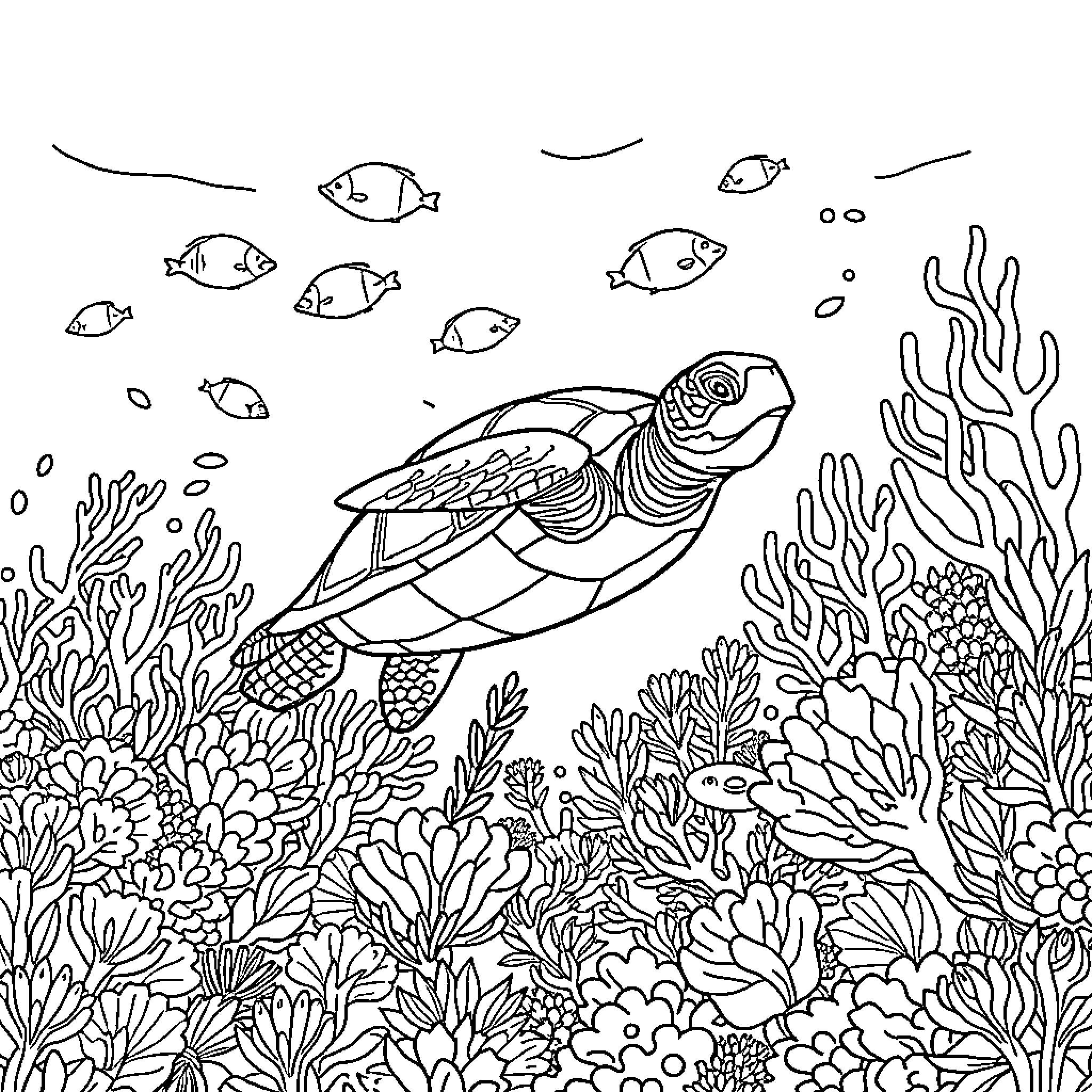 Sea Turtle swimming among colorful coral reef Coloring Page (free black-and-white line drawing printable PDF for all, from beginners to advanced learners, including children, teens, adults, and seniors)