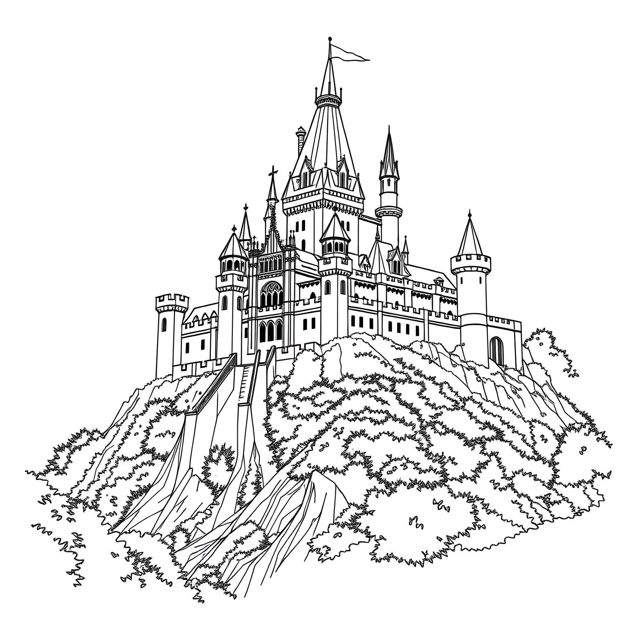 Castle on a Hilltop with Elaborate Architecture Coloring Page (free black-and-white line drawing printable PDF for all, from beginners to advanced learners, including children, teens, adults, and seniors)
