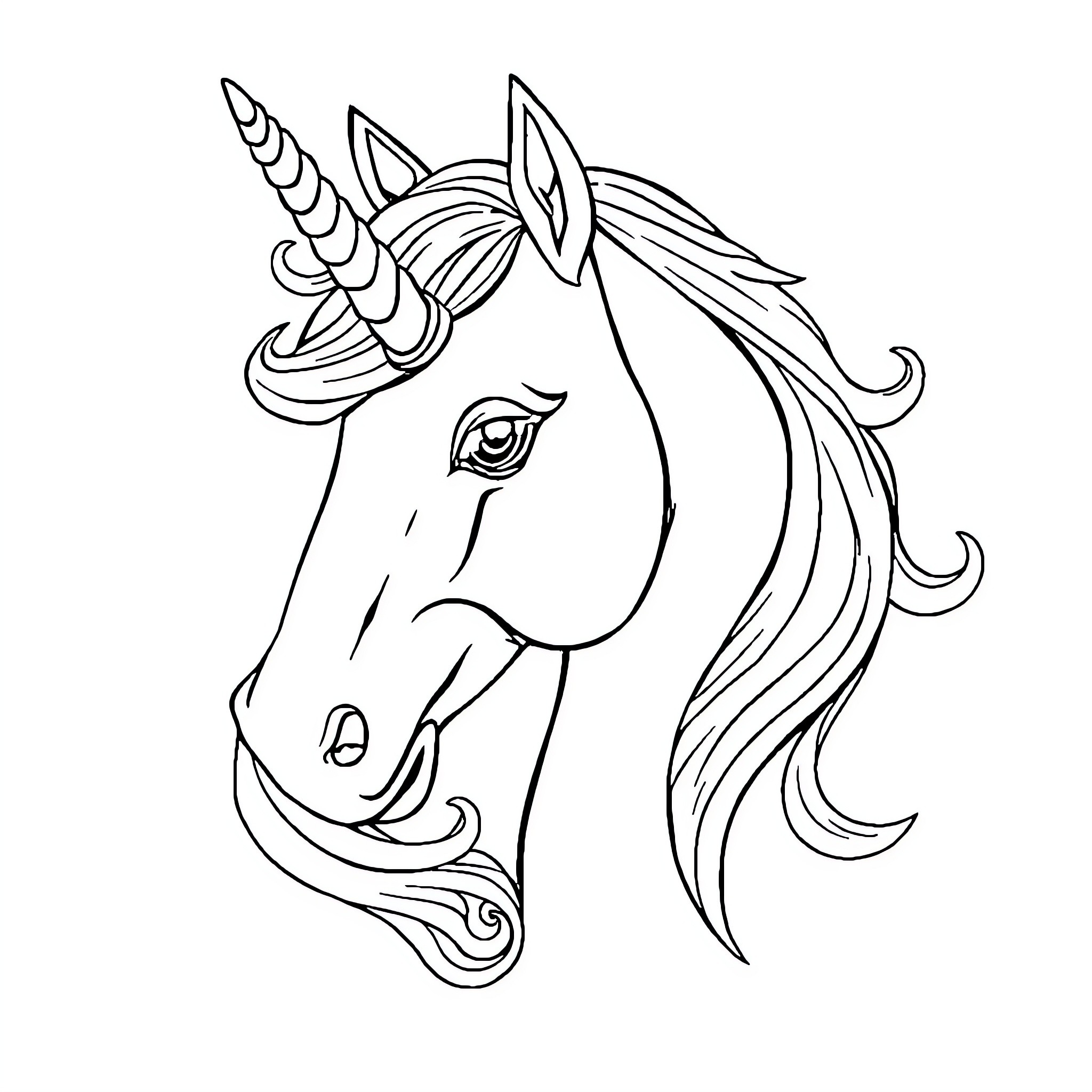 Unicorn with Enchanting Mane and Horn Coloring Page (free black-and-white line drawing printable PDF for all, from beginners to advanced learners, including children, teens, adults, and seniors)