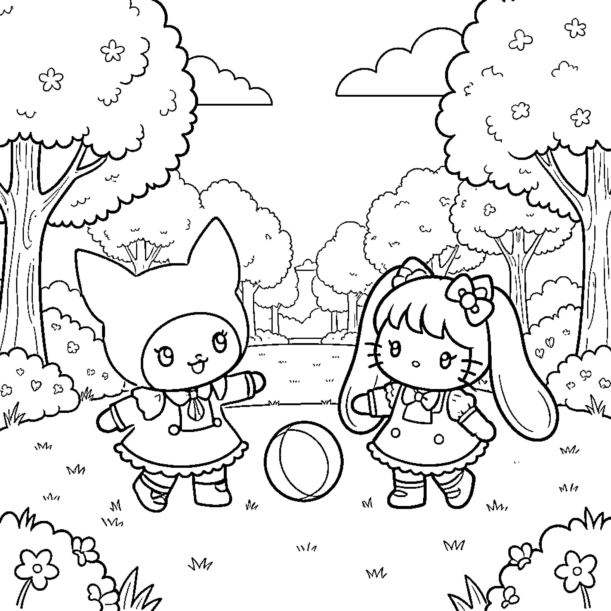 Hello Kitty's Playful Adventure in the Park Coloring Page (free black-and-white line drawing printable PDF for all, from beginners to advanced learners, including children, teens, adults, and seniors)