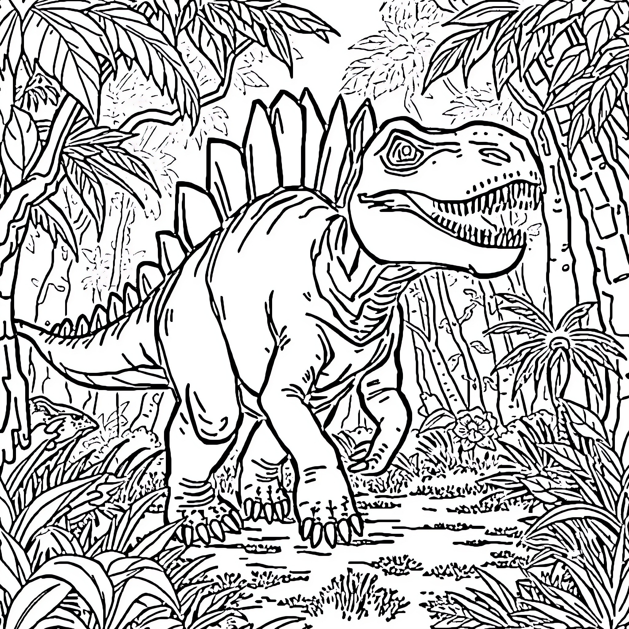 Dinosaur roaming through the lush jungle landscape Coloring Page (free black-and-white line drawing printable PDF for all, from beginners to advanced learners, including children, teens, adults, and seniors)