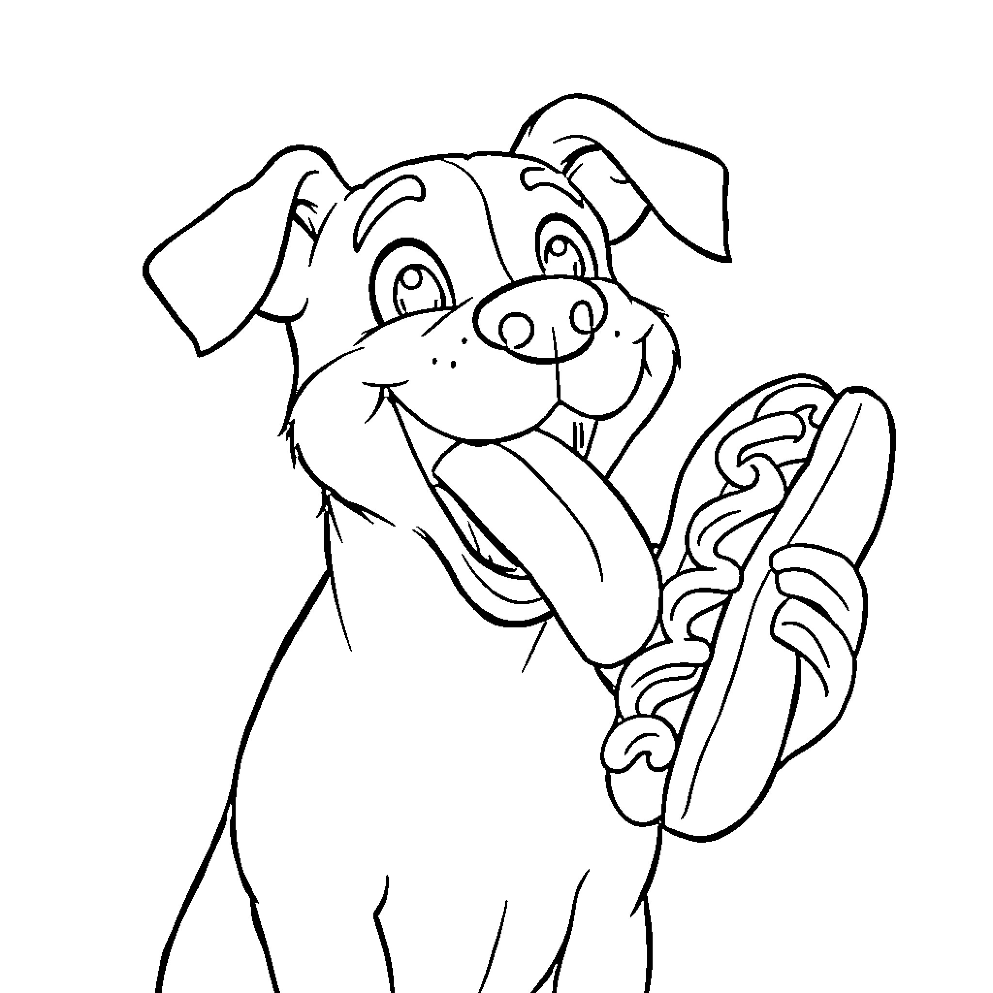 Dog happily holding a bone Coloring Page (free black-and-white line drawing printable PDF for all, from beginners to advanced learners, including children, teens, adults, and seniors)