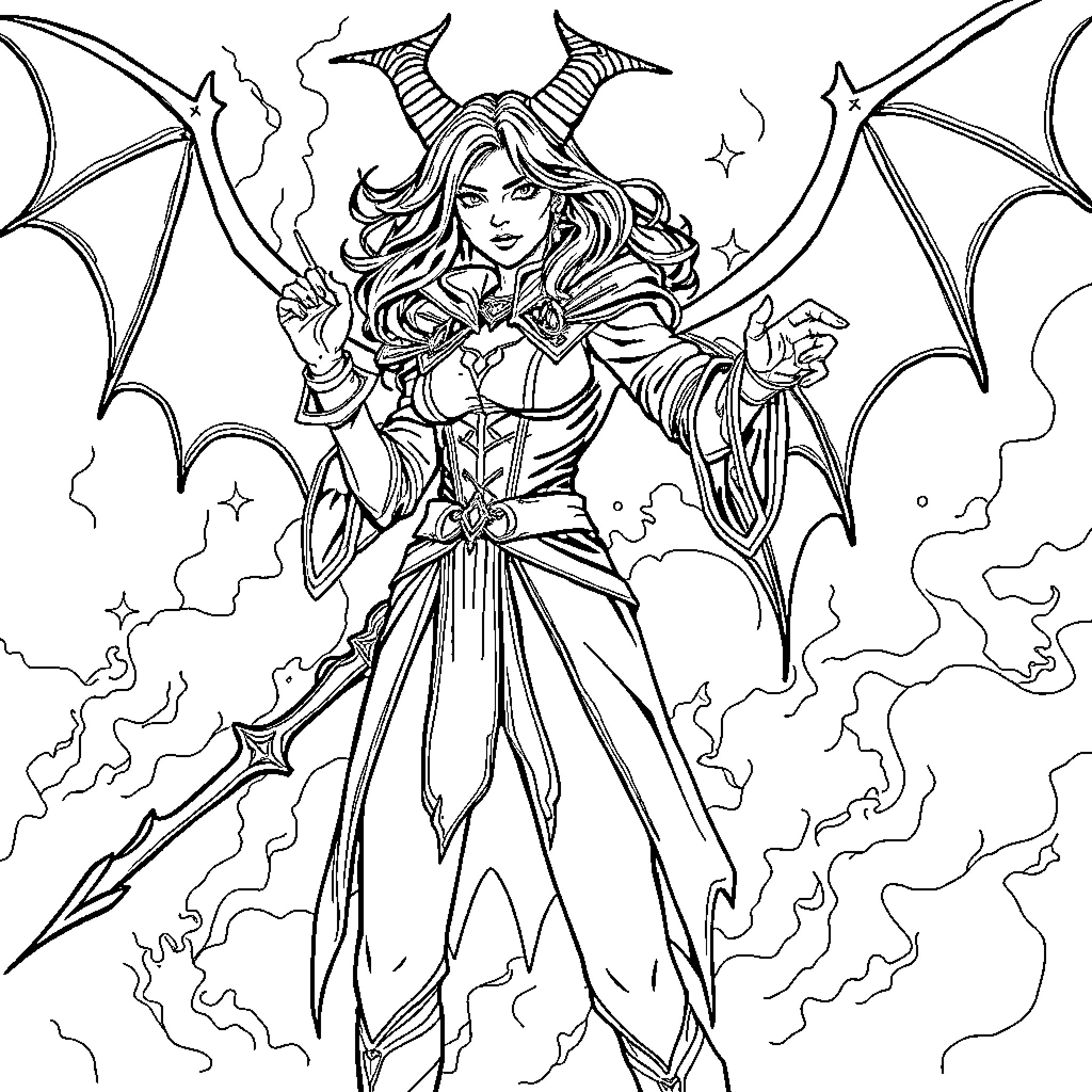Cazadora - Fierce female warrior in fantasy attire Coloring Page (free black-and-white line drawing printable PDF for all, from beginners to advanced learners, including children, teens, adults, and seniors)