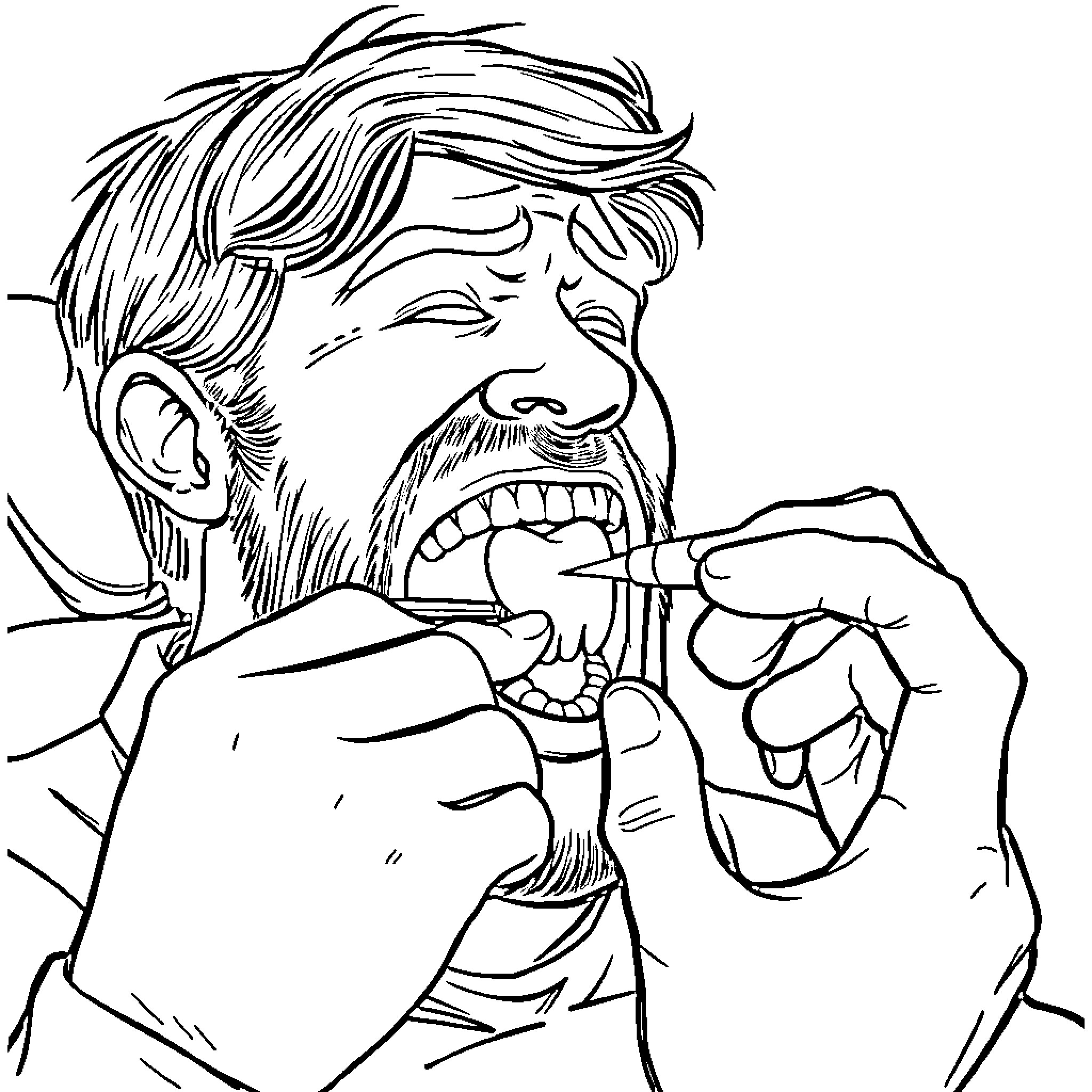 Dentist examining patient's teeth with concern Coloring Page (free black-and-white line drawing printable PDF for all, from beginners to advanced learners, including children, teens, adults, and seniors)