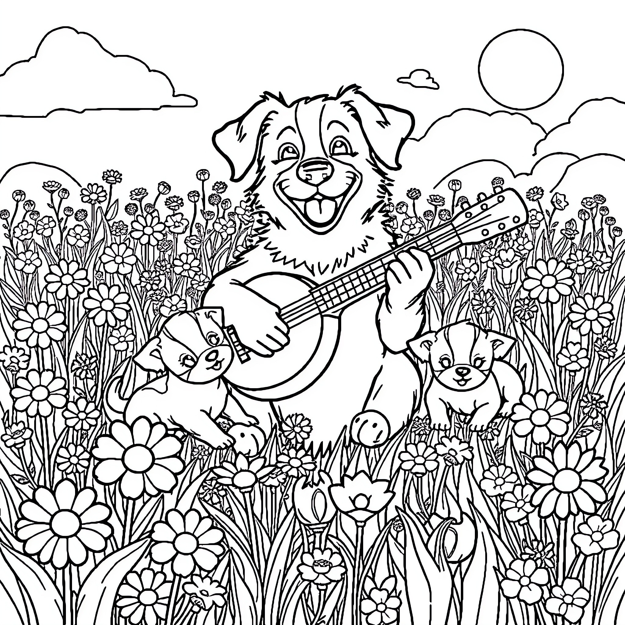 Dog joyfully playing guitar in a meadow Coloring Page (free black-and-white line drawing printable PDF for all, from beginners to advanced learners, including children, teens, adults, and seniors)