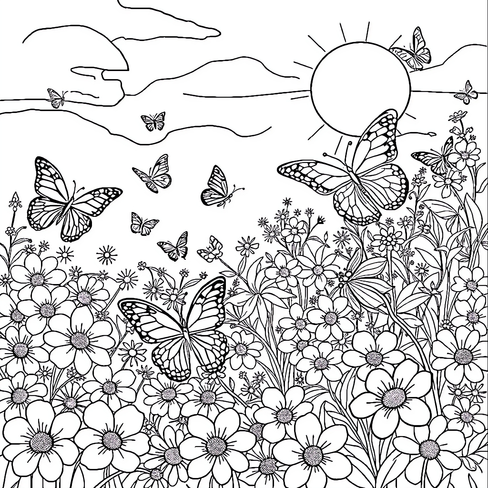 Butterfly Garden in Bloom Coloring Page (free black-and-white line drawing printable PDF for all, from beginners to advanced learners, including children, teens, adults, and seniors)