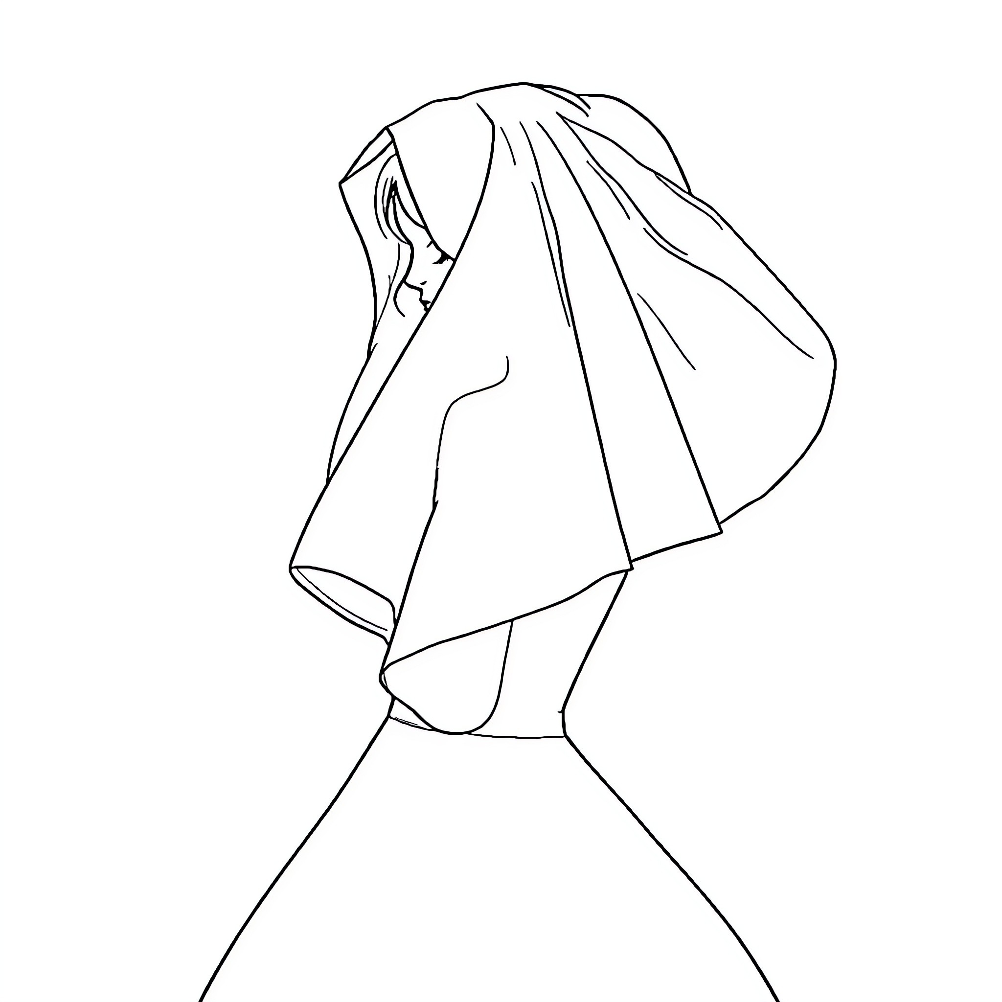 Bride in flowing veil walking Coloring Page (free black-and-white line drawing printable PDF for all, from beginners to advanced learners, including children, teens, adults, and seniors)