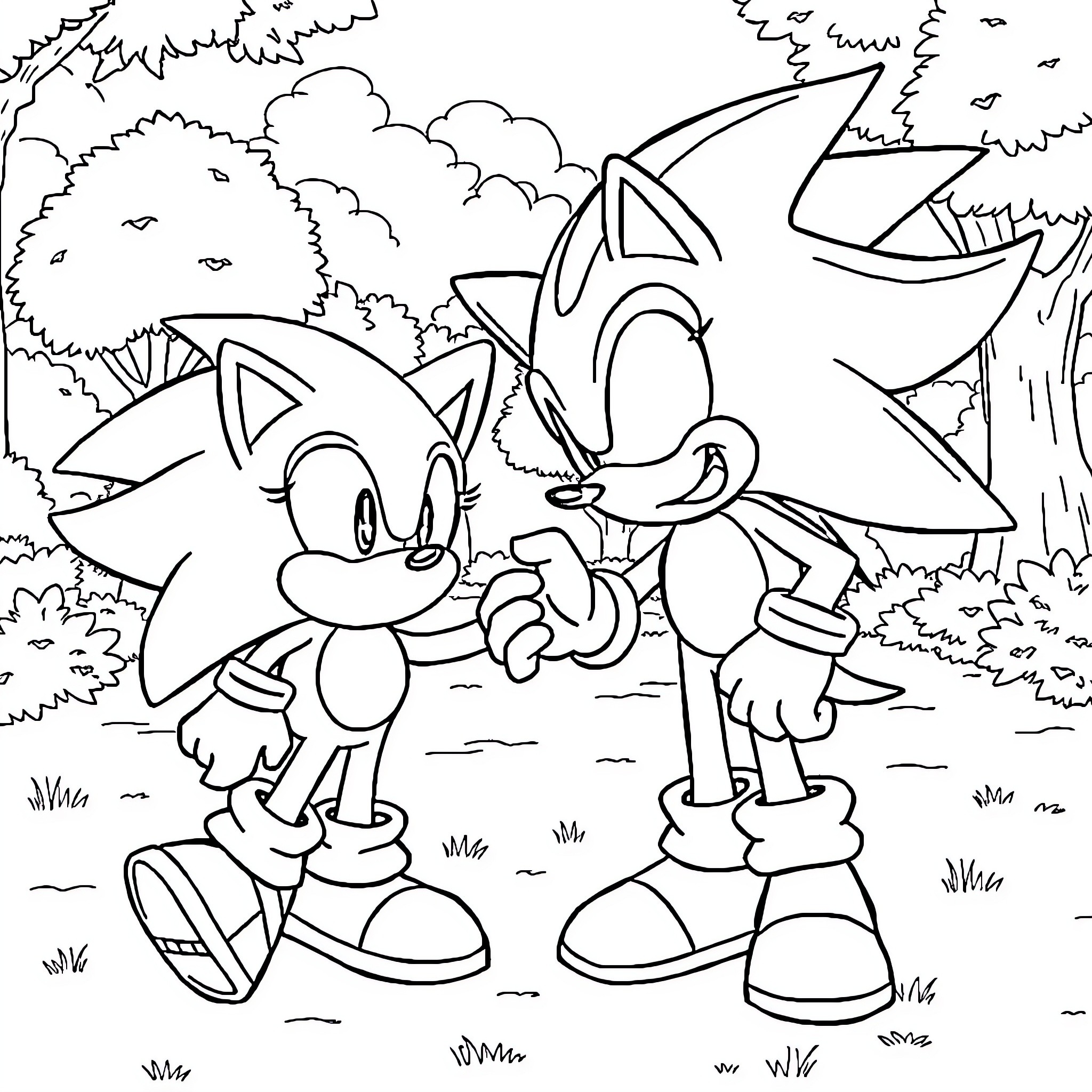 Sonic characters exploring the forest Coloring Page (free black-and-white line drawing printable PDF for all, from beginners to advanced learners, including children, teens, adults, and seniors)