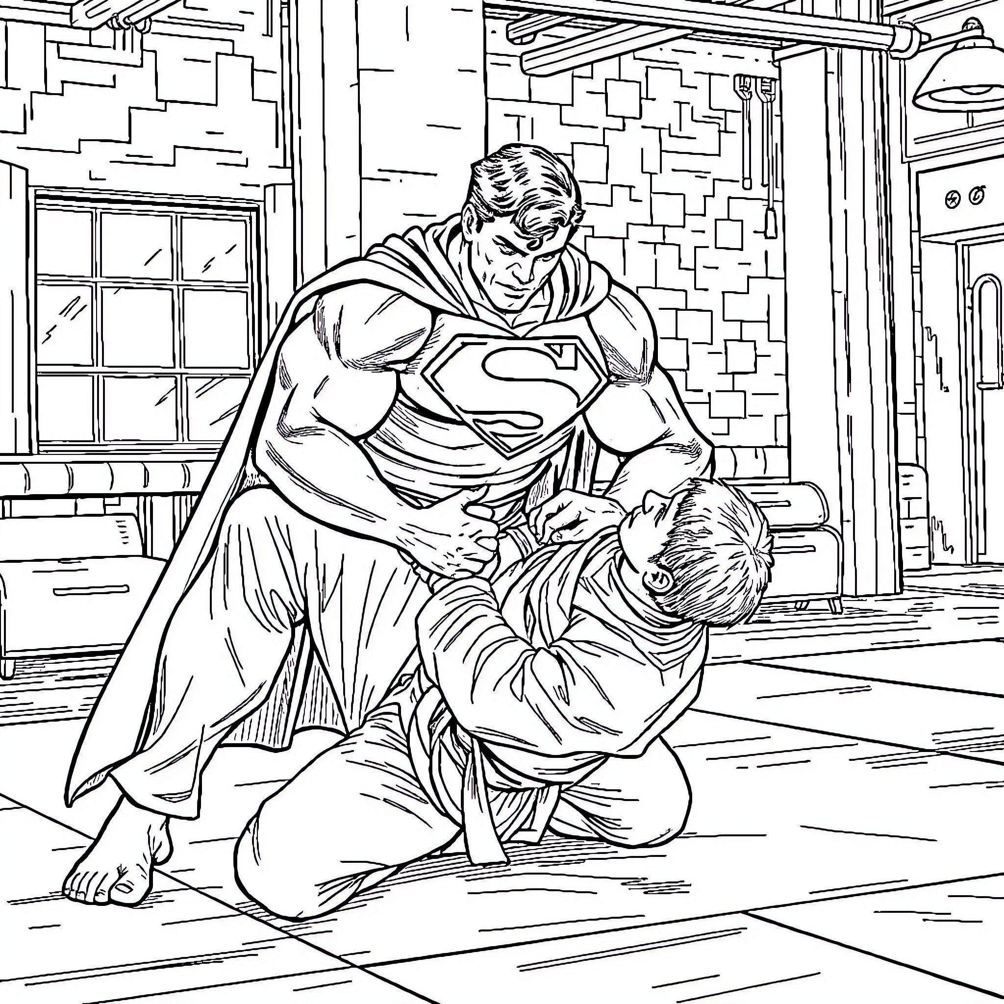 Superman Rescuing a Citizen in Distress Coloring Page (free black-and-white line drawing printable PDF for all, from beginners to advanced learners, including children, teens, adults, and seniors)
