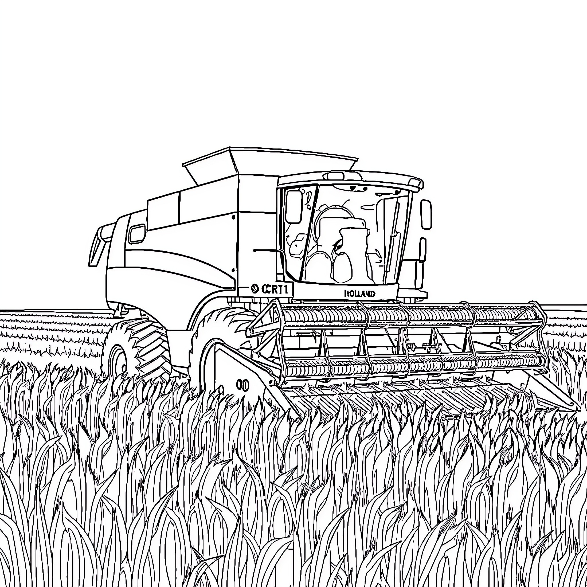 New Holland CR11 harvesting crops in the field Coloring Page (free black-and-white line drawing printable PDF for all, from beginners to advanced learners, including children, teens, adults, and seniors)