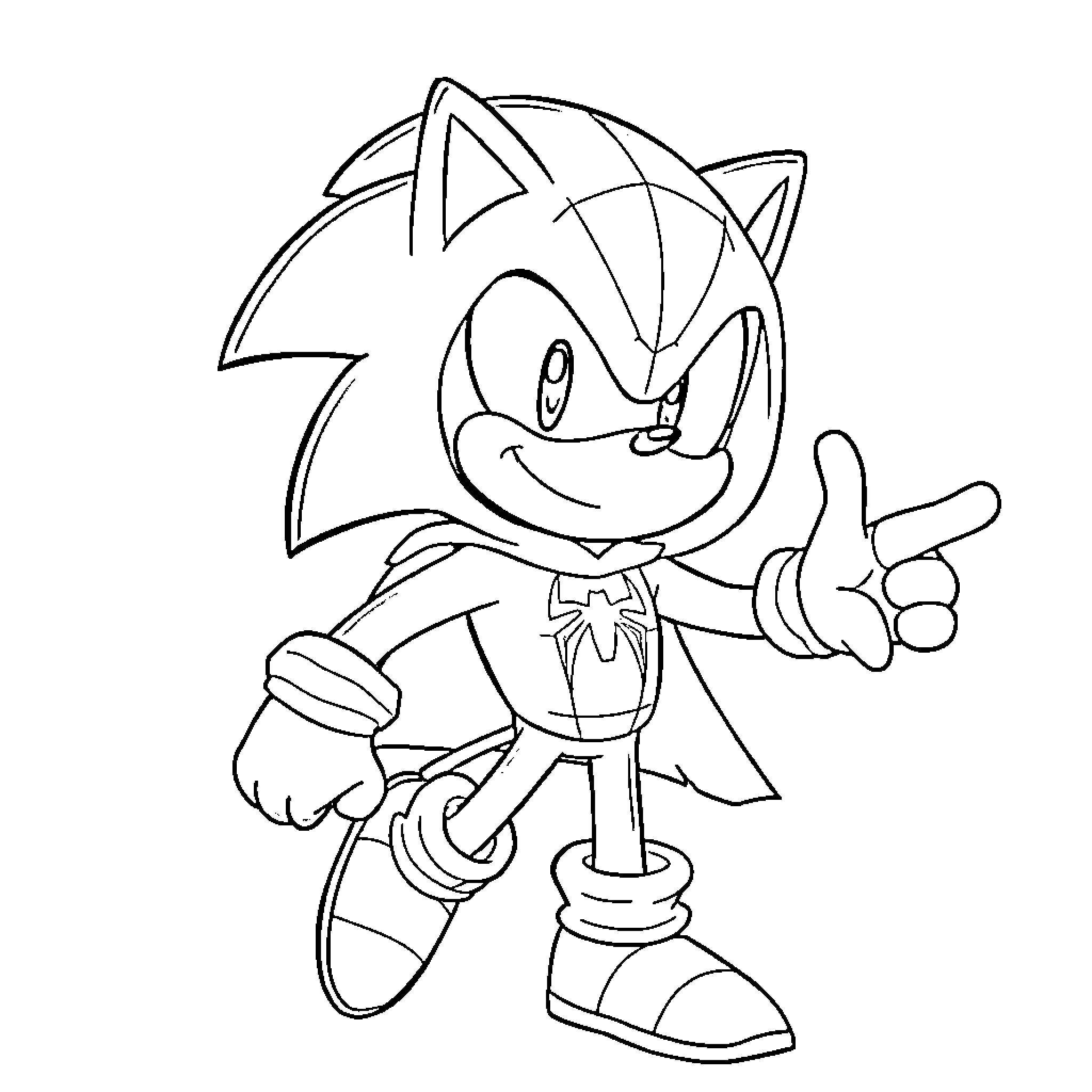 Sonic the Hedgehog posing with enthusiasm Coloring Page (free black-and-white line drawing printable PDF for all, from beginners to advanced learners, including children, teens, adults, and seniors)