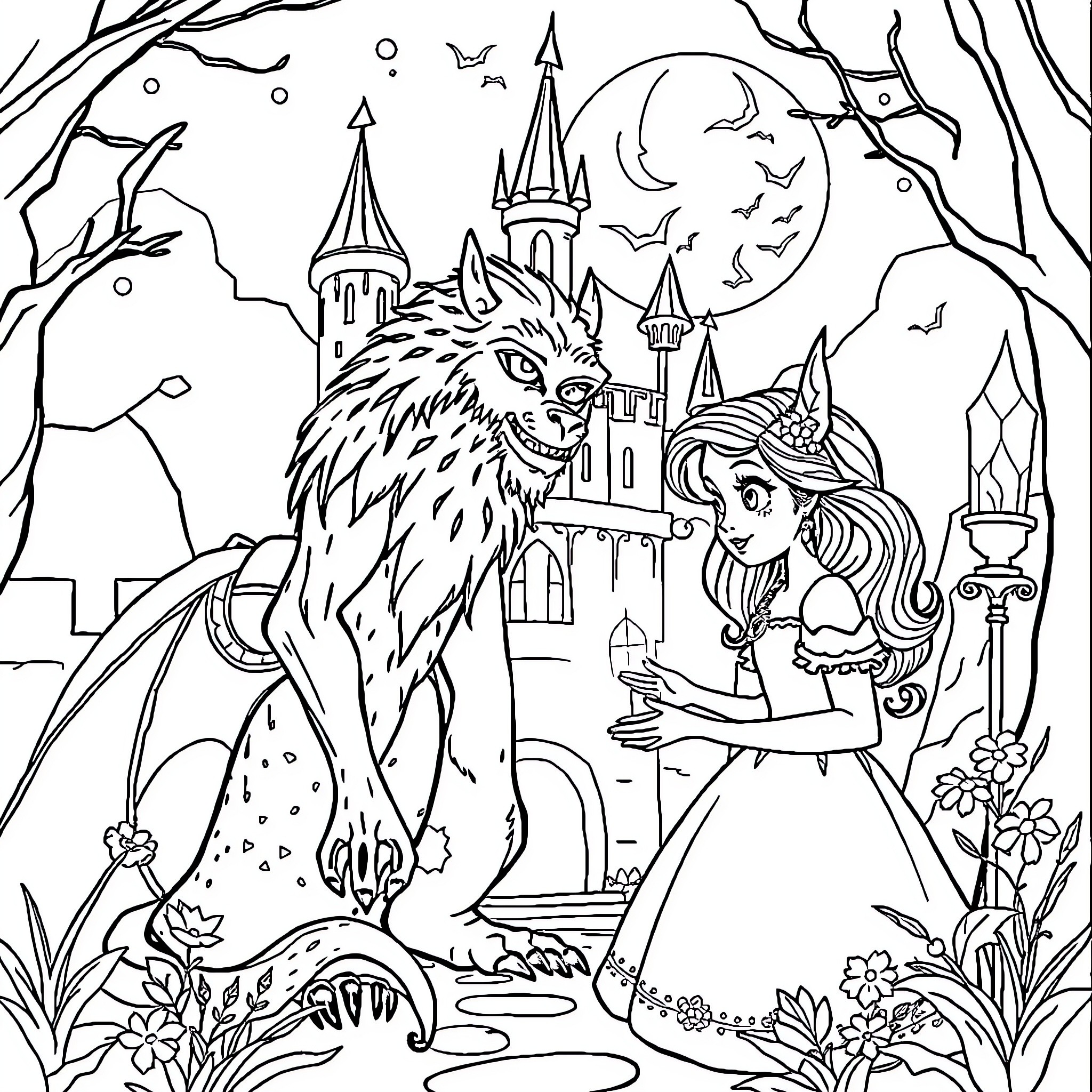 Beauty And The Beast: A Magical Encounter in the Enchanted Forest Coloring Page (free black-and-white line drawing printable PDF for all, from beginners to advanced learners, including children, teens, adults, and seniors)
