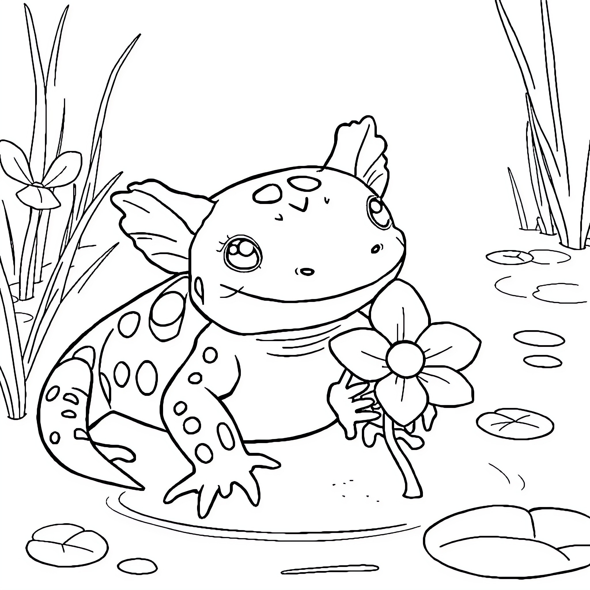 Axolotl happily holding a flower in a pond Coloring Page (free black-and-white line drawing printable PDF for all, from beginners to advanced learners, including children, teens, adults, and seniors)
